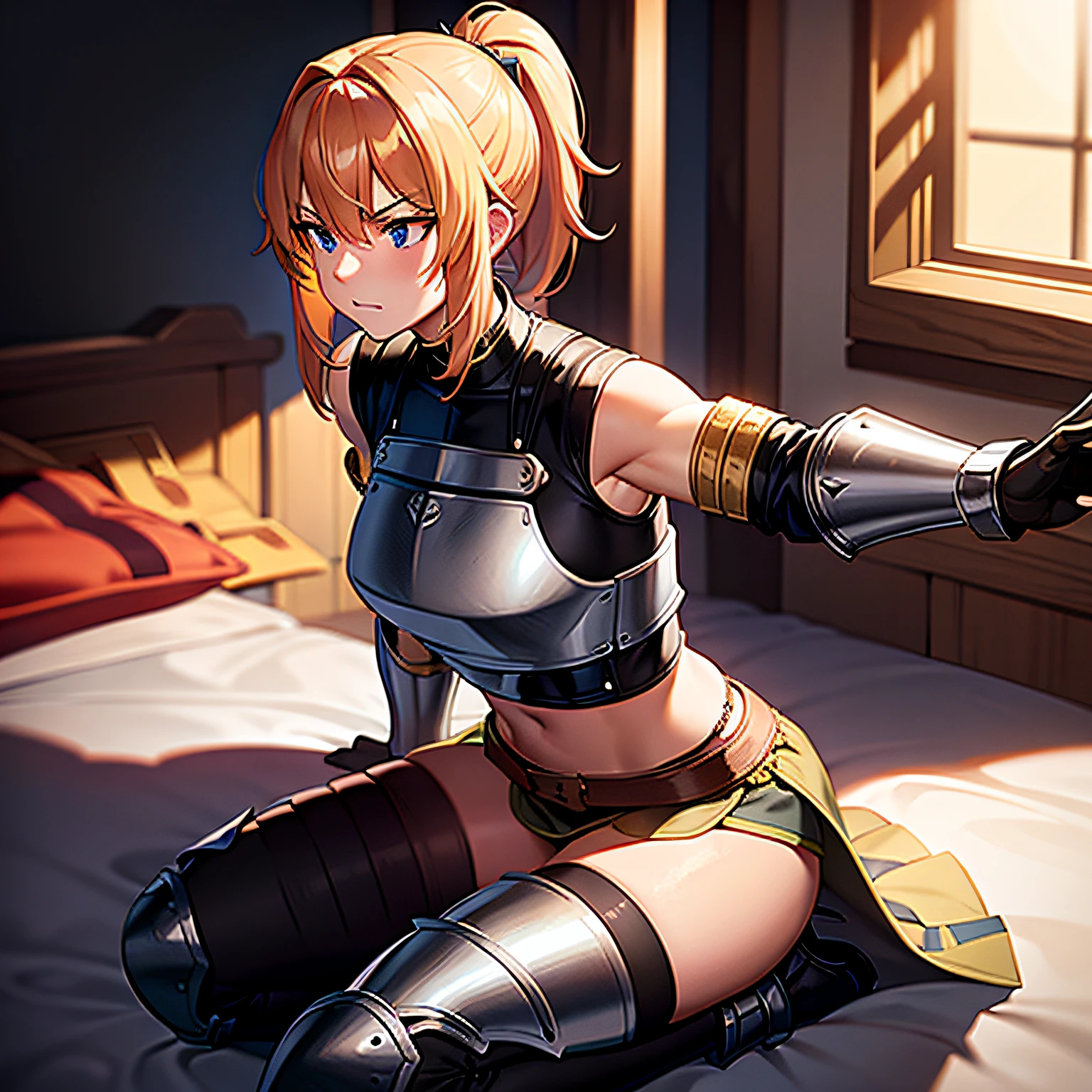 solo focus, a muscular female paladin with a short strawberry blonde ponytail loses a duel with a bandit, plate mail, exposed midriff, armored skirt, sword and shield, sitting down, bedroom eyes, aroused, sexual tension