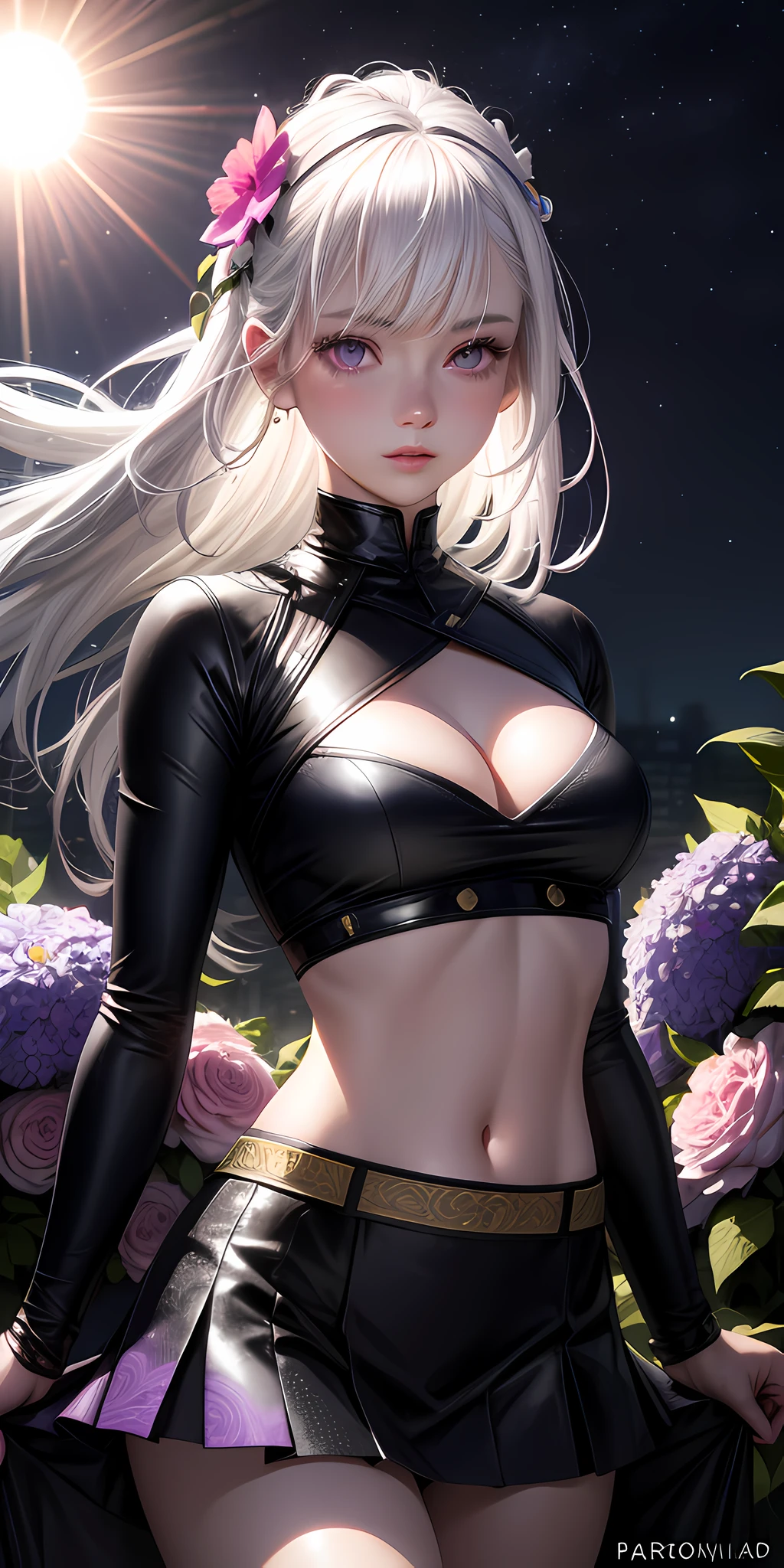 realistic, 1girl, white hair, purple eyes, glowing eyes, crop top, skirt, parted lips, blush, night, flowers, sun, sunlight,