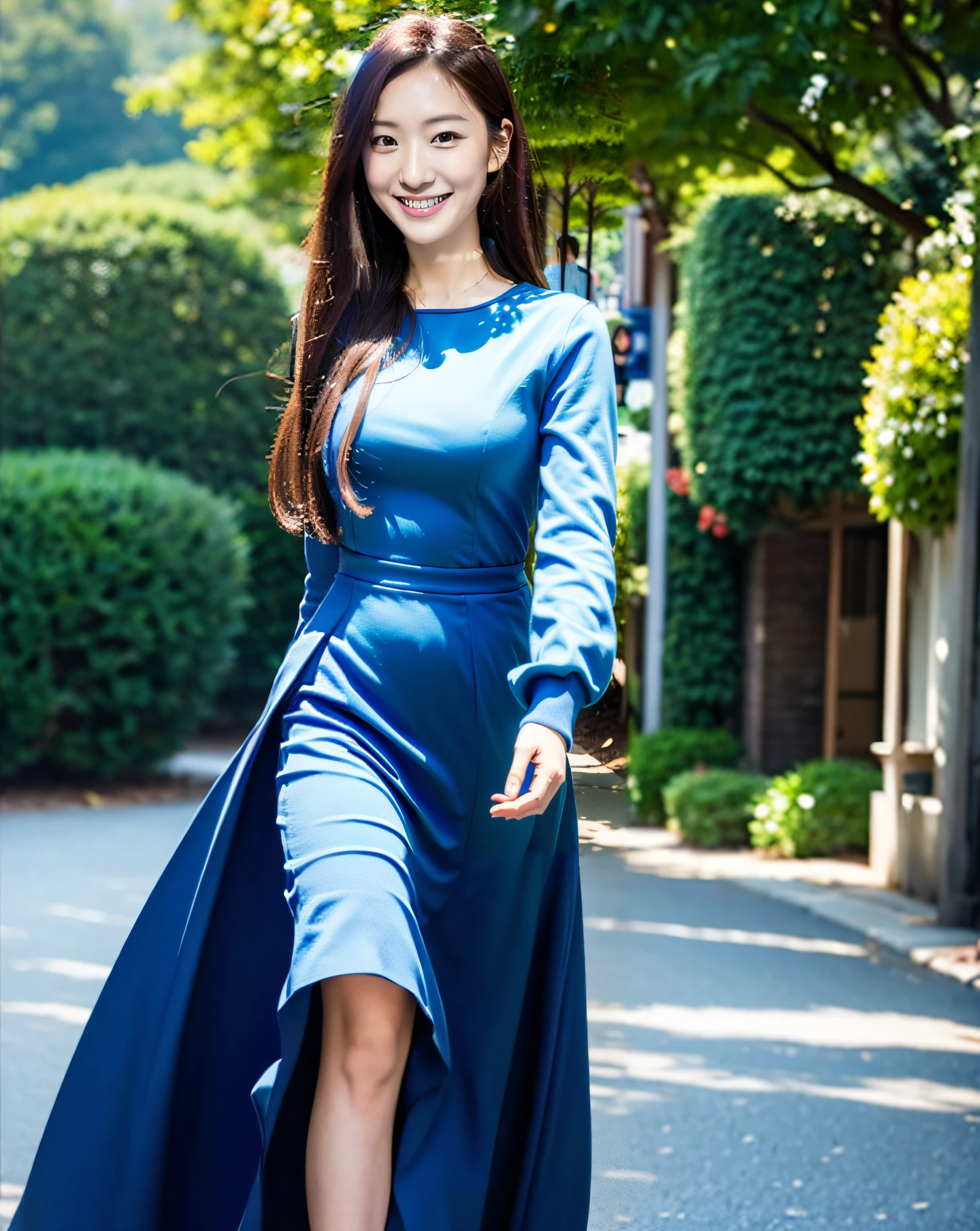 8K, HDR, Photography, araffe woman in blue dress walking down a street with trees in the background, wearing blue dress, wearing a blue dress, blue outfit, long blue dress, dressed in blue, in blue dress, blue dress, blue monochromatic, a blue dress, blue silk dress, ao dai, sky - blue dress, wearing blue, blue swirling dress, blue clothes