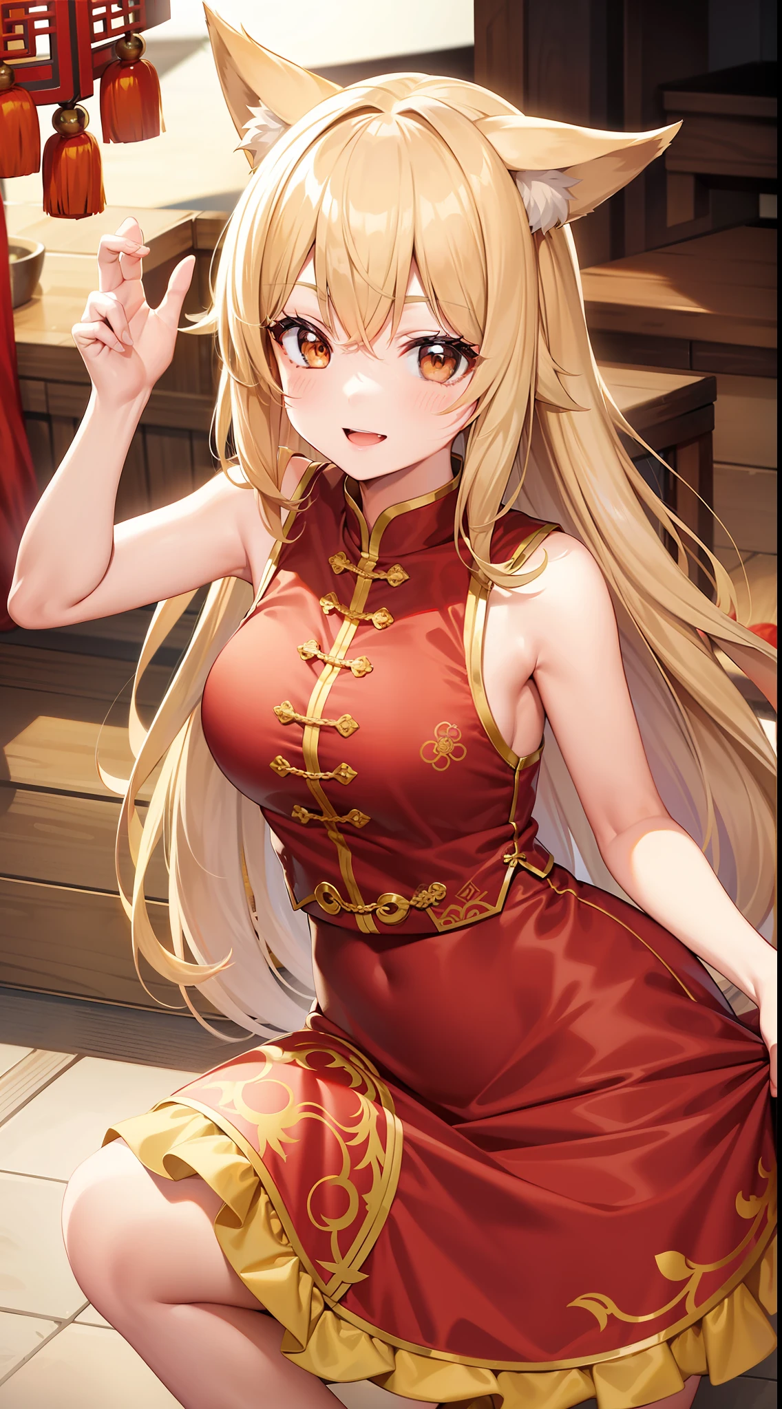 Adult girl, long lush blonde hair, brown eyes, wolf ears, Chinese clothes, sleeveless, cheerful look, smile, masterpiece, high quality