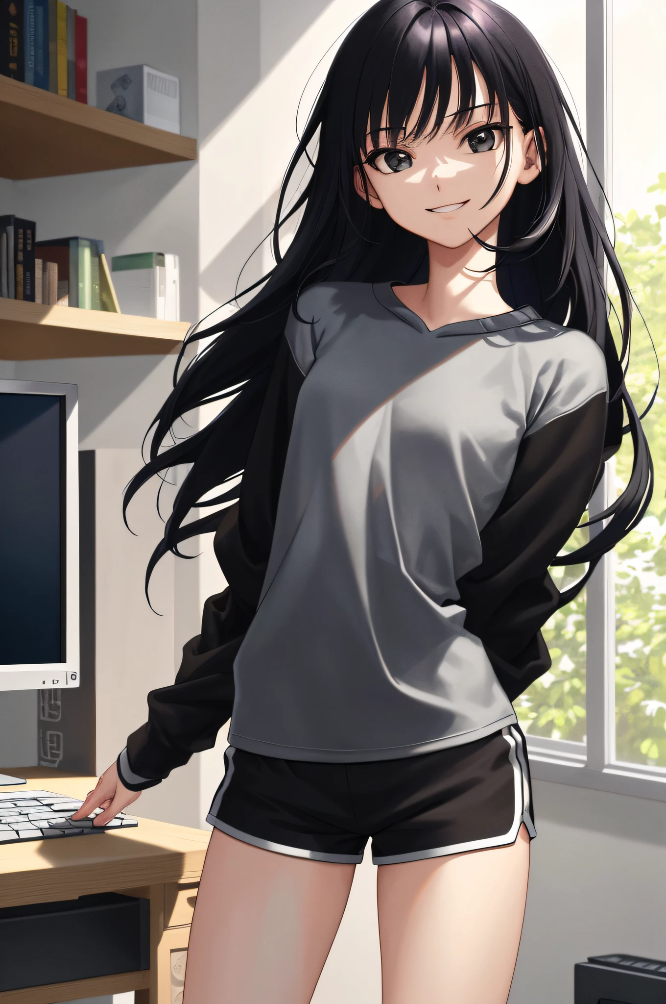 (extremely detailed CG unity 8k wallpaper, masterpiece, best quality, ultra-detailed), (best illumination, best shadow), (dynamic angle), finely detail, Depth of field (bloom), (shine), classic, (illustration), (painting), (cinematic_light), (intricate details), (2d), painting, illustration, beautiful detailed,(high resolution illustration), hyper detailed, detailed light, Delicate facial features,

1boy,16 years old,(dorm room with computer), (thin waist),skinny,cute,beautiful detailed black eyes,solo,flat chest,(large thighs),solo, black hair, messy hair, black hoodie, athletic shorts, white socks, devious smile

(standing), (arms behind back), masterpiece, best quality,