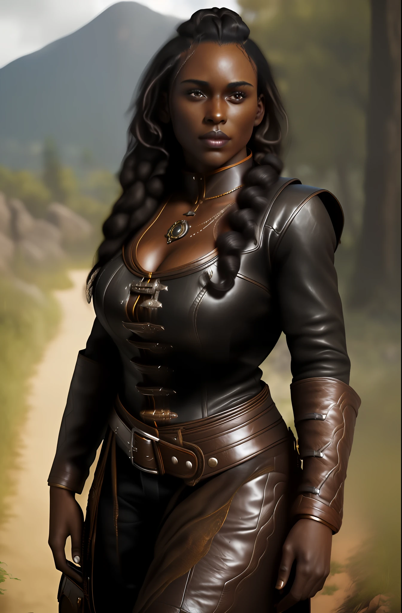 (best quality, masterpiece:1.2), A beautiful woman with brown skin, (((beautiful)) dark skin, portrait, large breasts, outdoor breasts showing, leather clothing, curly black hair with locks, realistic skin, surrealism, realistic, high detail, 8k