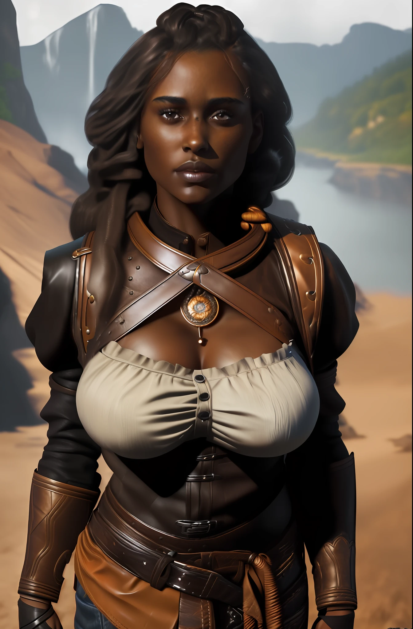 (best quality, masterpiece:1.2), A beautiful woman with brown skin, (((beautiful)) dark skin, portrait, large breasts, outdoor breasts showing, leather clothing, curly black hair with locks, realistic skin, surrealism, realistic, high detail, 8k