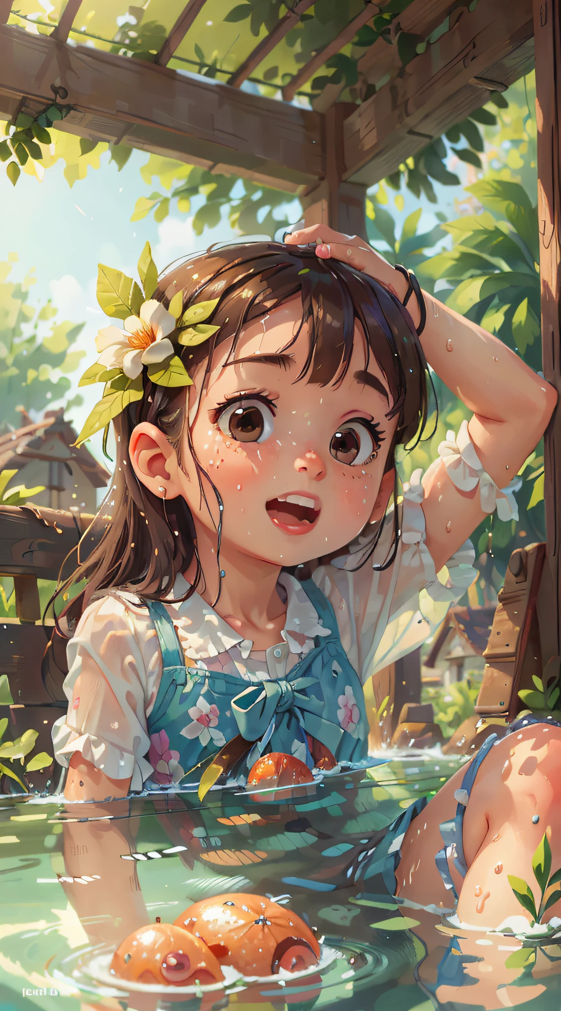 Girl, Water Play, Summer, Perfect Quality, Clear Focus (Clutter - Home: 0.8), (Masterpiece: 1.2) (Realistic: 1.2) (Bokeh) (Best Quality) (Detailed skin: 1.3) (Intricate Details) (8K) (Detail Eyes) (Sharp Focus), (Happy)