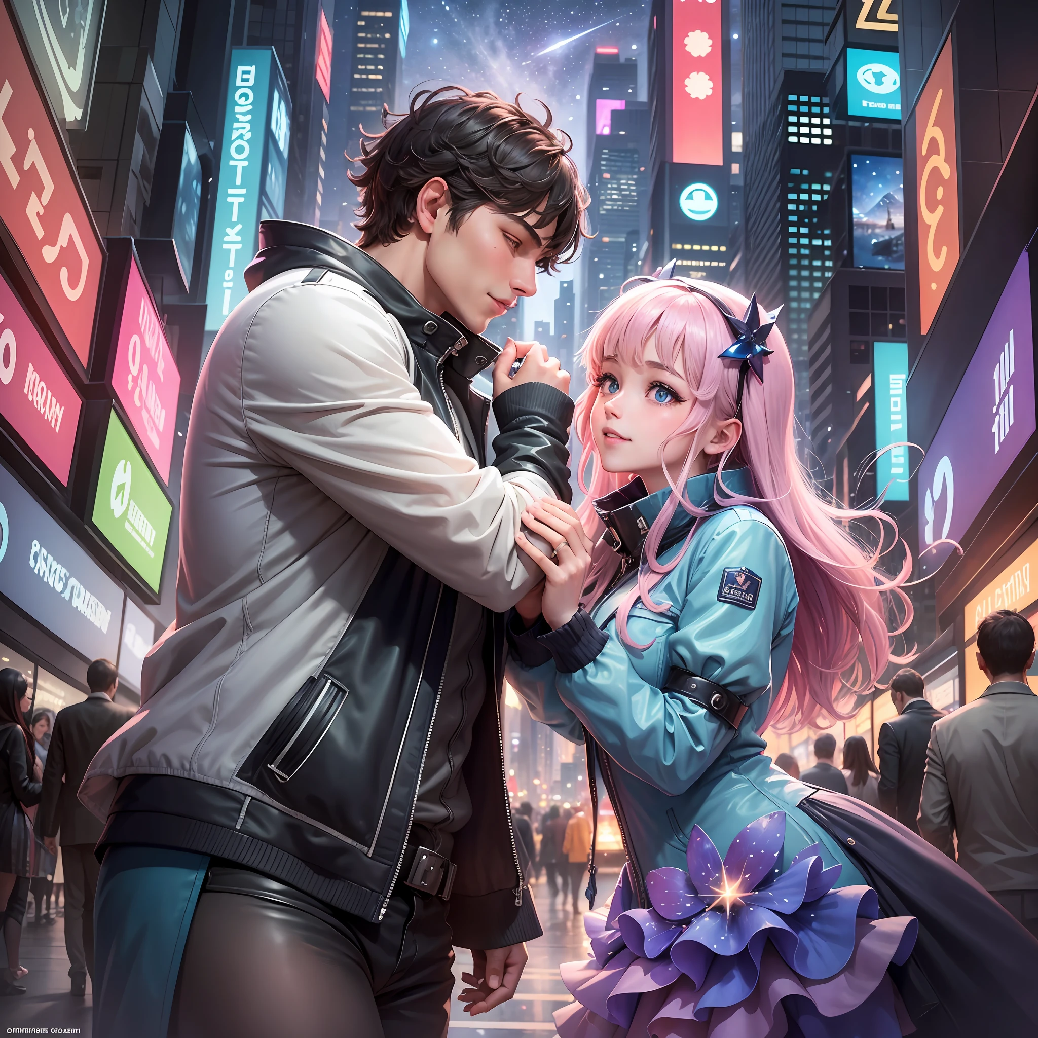 In the cybercity of the future, the neon light flashes brightly, high-rise buildings rise from the ground, and high-speed trains shuttle between the buildings. But in this busy and modern city, a warm and joyful love story is unfolding.

Two anthropomorphic whales, dressed in fashionable costumes, show vitality and youthful atmosphere. Holding hands, they strolled sweetly through the streets of the city, enjoying the tranquility of the night and the company of each other. Their eyes reveal affection and tenderness, as if the whole world has become soft and romantic in the atmosphere of their love.

The night sky of the cybercity is sprinkled with stars, and the stars shine like diamonds. The anthropomorphic whale couple looks up at the starry sky, as if immersed in the mystery of the vast universe. A little light shines on their bodies, illuminating their happy smiles. They felt the blessing of the stars and the grandeur of the universe, and together they created this romantic and breathtaking moment.

This image shows the busyness of the cybercity and the sweetness of anthropomorphic whale lovers. The coldness and bustle of the city is soothed by the warmth of love and the mystery of starlight. And at this special moment, they are each other's universe, and the stars bear witness to their love story. --auto --s2