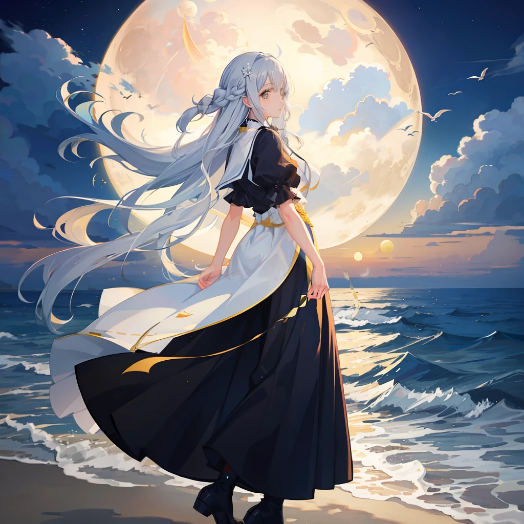 Girl Long Hair, Long Skirt, Seaside Moon Viewing