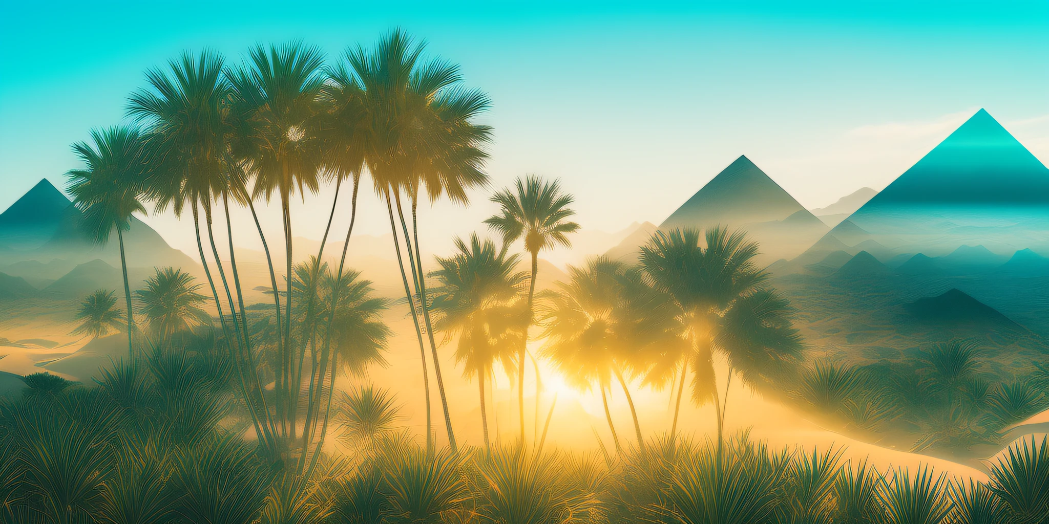 dublex style, an oasis with palms, pyramids, desert, highly detailed,  bright colours