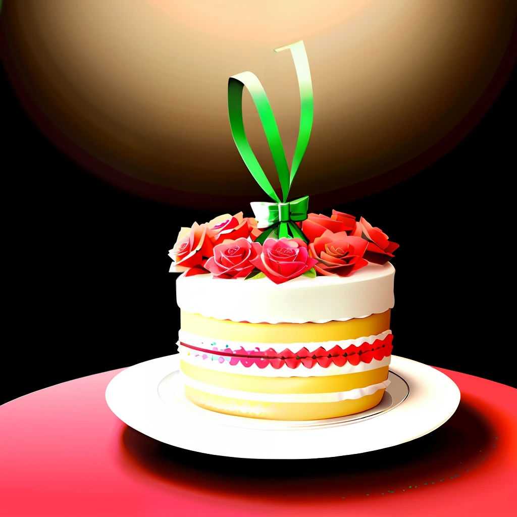 Birthday cake with green ribbon and roses