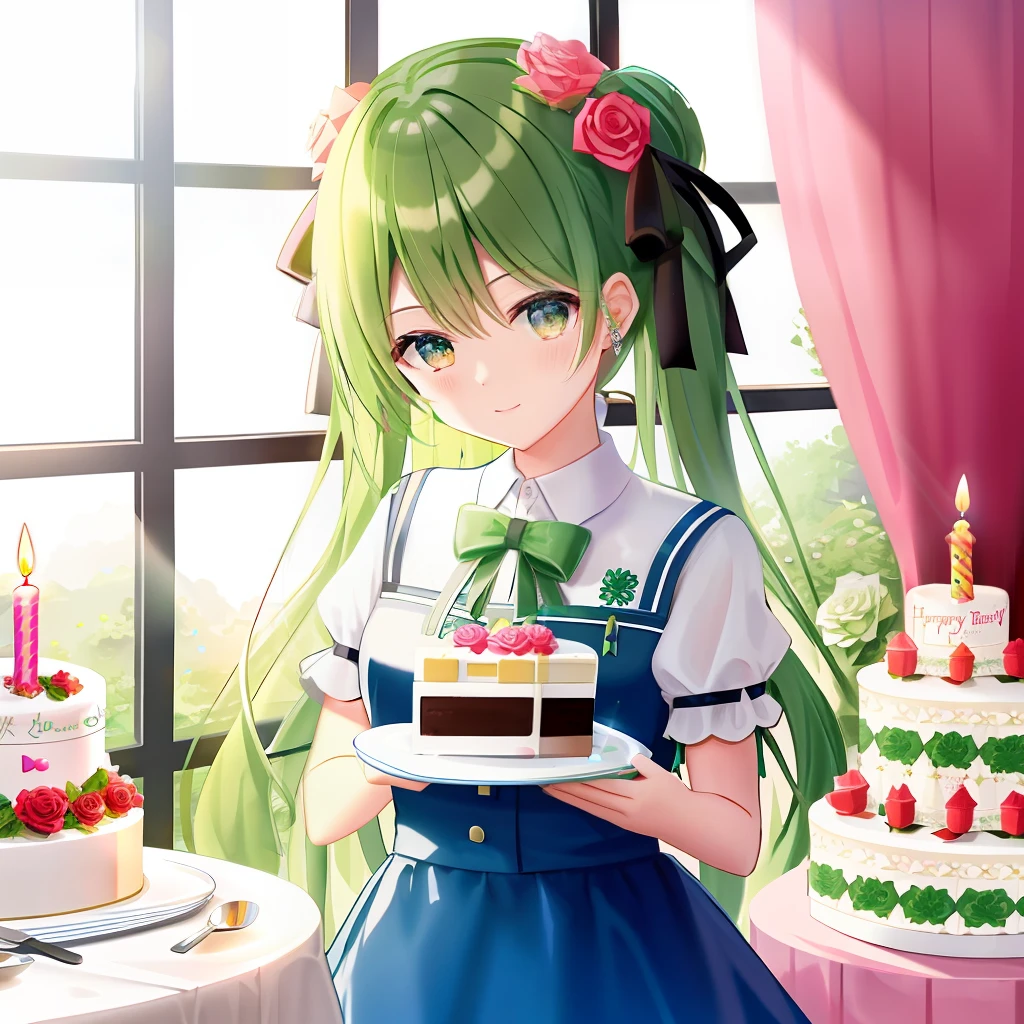 Birthday cake with green ribbon and roses