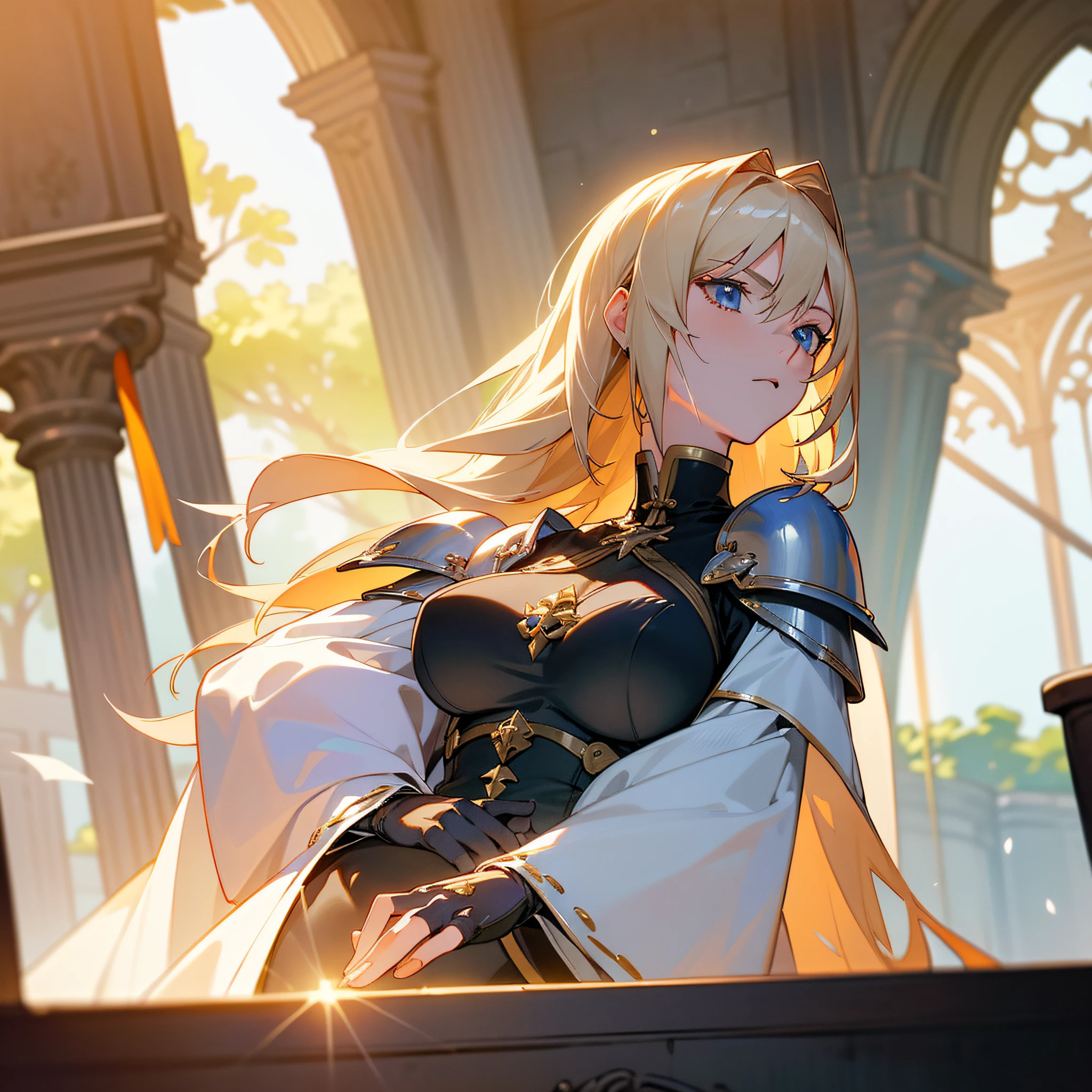 Artoria Pendragon \ (Destiny\, masterpiece, best quality, high resolution, super detailed, art book, anime coloring, CG, illustration, fantasy, 1 girl, solo, blood, male focus, looking at the audience, attoria pendragon \ (destiny\), armor, detailed beautiful face and eyes, full body , mild sunlight , warm environment, capable slender figure, large breasts , dexterous dynamics