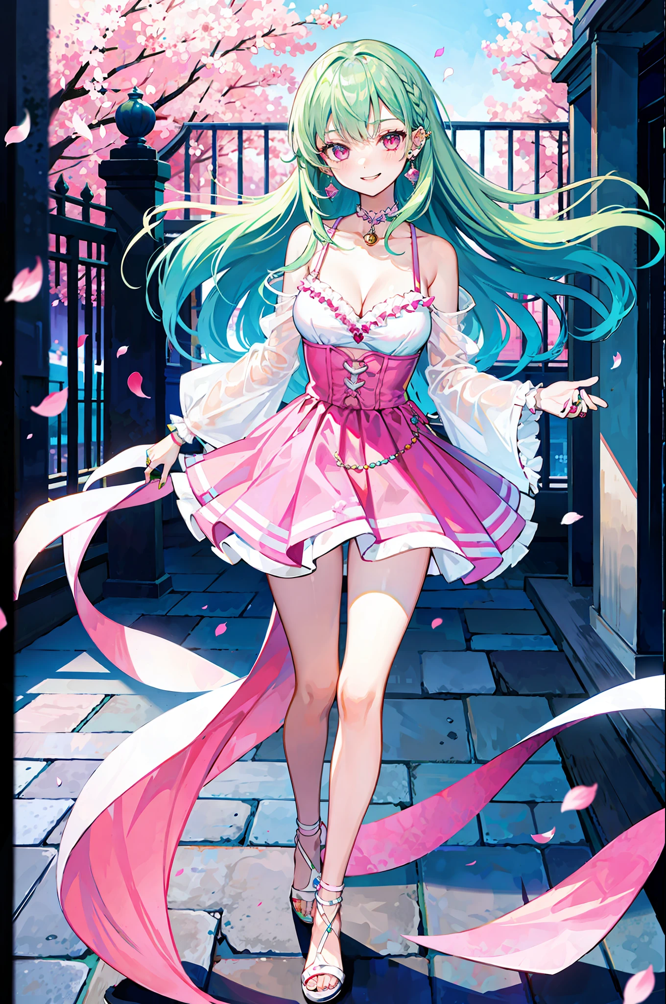 Evening time, masterpiece, best quality, full body, 1girl, bangs, blush, breasts, collarbones, ear piercings, eyebrows visible through hair, (gradient green hair), smirk, gyaru, jewelry, kogal, long hair, looking at the viewer, piercings, (underwear), pink eyes, ring, smile, solo, balcony, sky, cherry blossoms, petals, illustration, fashionable, woman, bright, posing, frontal, colorful, dynamic, background, elements, confident, expression, Retention, Statement, Accessory, Majestic, Rolled, Around, Touch, Scene, Bold, Eye-catching, Stylish, Catchy, Bigger, Vibrant, Modern, Fashionable, Focus, Fashion