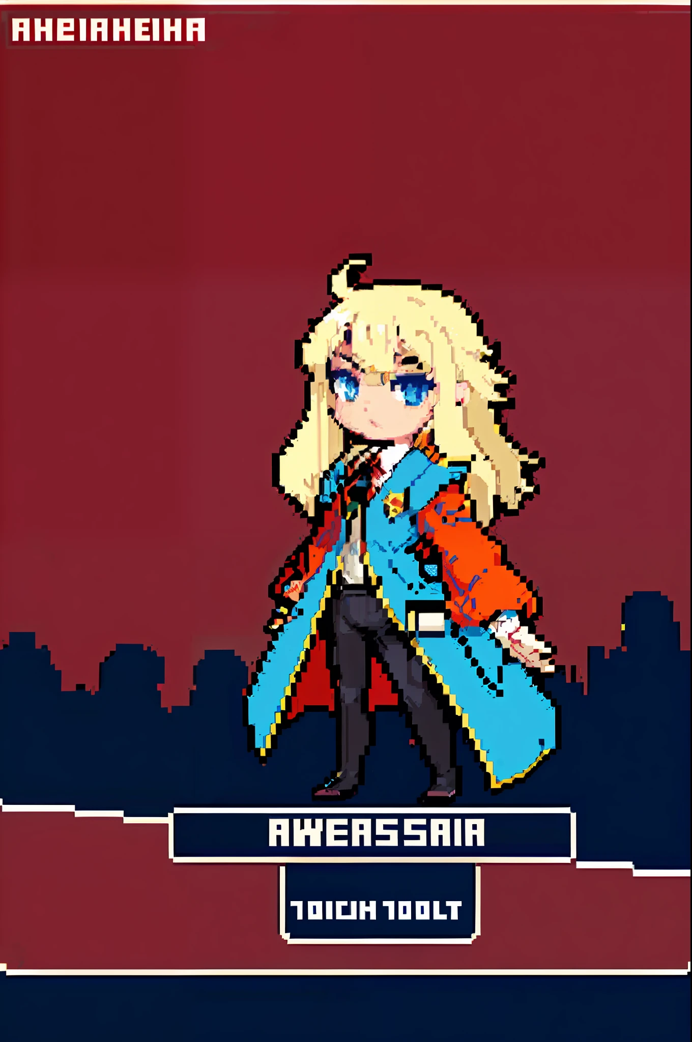 (masterpiece, high quality, best quality), pixel, pixel art, 1 girl, whole body, (red coat, coat, black shirt, red tie, tie)