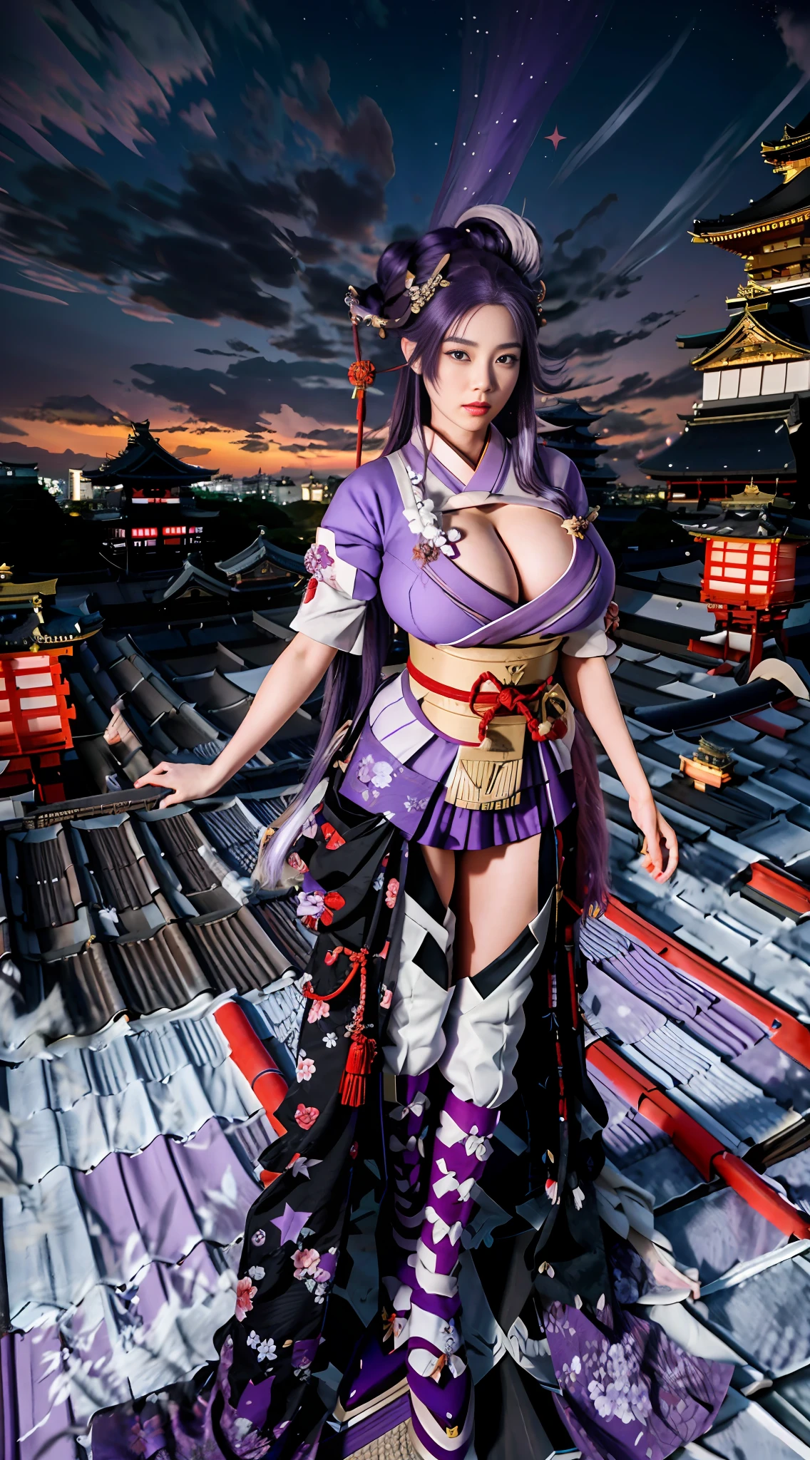 Unreal Engine 5 Realistic Rendering, ((portrait:1.2)), RaidenShogun, detailed clothes, blunt bangs, braid, (huge breasts:1.1), cleavage, wide-sleeved kimono, hair ornament, (red obi:1.4), (purple hair:1.4), very long hair, straight hair, detailed face, cool face, (smooth chin:0.85), closed mouth, long eyelashes, sharp eyes, looking at viewer, beautiful eyes, detailed eyes, thick eyebrows, red eyeshadow, symmetry eyes, (ulzzang-6500:0.7), skirt, (from below:1.1), (kyoto castle:1.4), full figure, (rooftop:1.5), (star \(sky\):1.3), photon mapping, physically-based rendering, RAW photo, highly detailed background, high res, perspective, beautiful face, top body is hyper realistic thicc muscle and hyper largest_breasts!! with the type of boobs_melons, lower is huge buttocks,