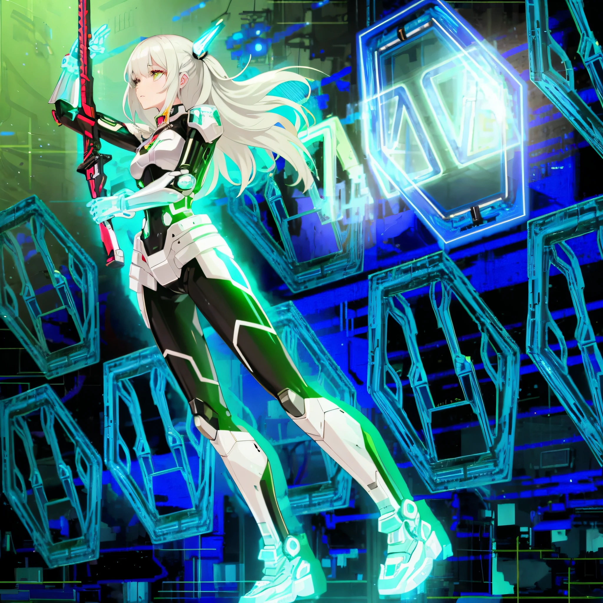 anime girl with a sword in a futuristic setting, cybernetic wallpaper, holographic blade!, clothed in cyber armour, cybernetic glowing, neon armor, neon scales and cyborg tech, cyber japan armor, cyber fight armor, girl in mecha cyber armor, cyber armour, cyber japan style armor, cyborg - girl with silver hair, cyber suit, cyber armor
