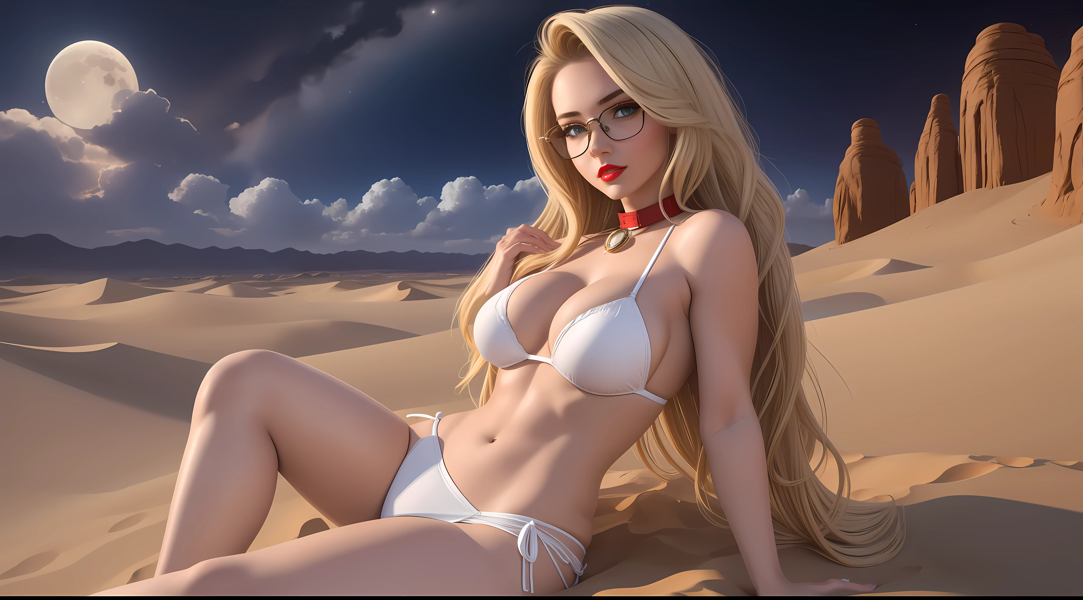1 girl, ig model, looking far away, hand in her hair, glasses, lewd face, sexy, cleavage, blonde hair, brunette, green eyes, red lips, collar, white bikini, white skirt, white panties, white bra, thigh highs, arm band, armpits, large breasts, wide hips, thick thighs, muscles, abs, no teeth, beautiful face, realistic, ray traced, beautiful eyes, red lipstick, desert, sand, night, stars, moon, clouds