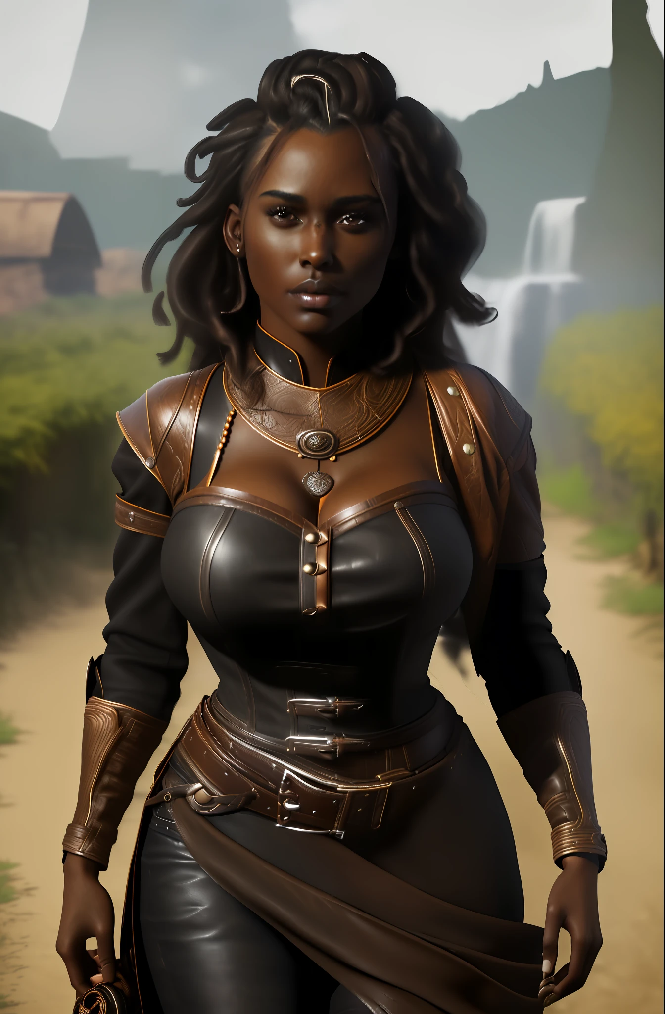 (best quality, masterpiece:1.2), A beautiful woman with brown skin, (((beautiful)) dark skin, portrait, large breasts, outdoor breasts showing, leather clothing, curly black hair with locks, realistic skin, surrealism, realistic, high detail, 8k