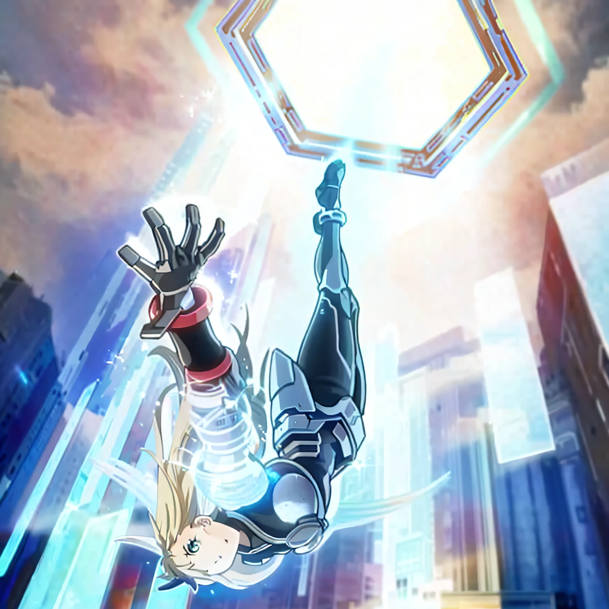 anime character falling off a building into a blue sky, an epic anime of a energy man, flying anime esper, this character has cryokinesis, annie leonhart in a neon city, [ zero - gravity ]!!, official artwork, epic anime style, hq artwork, high detailed official artwork, game art!!, game illustration, anime key visual concept