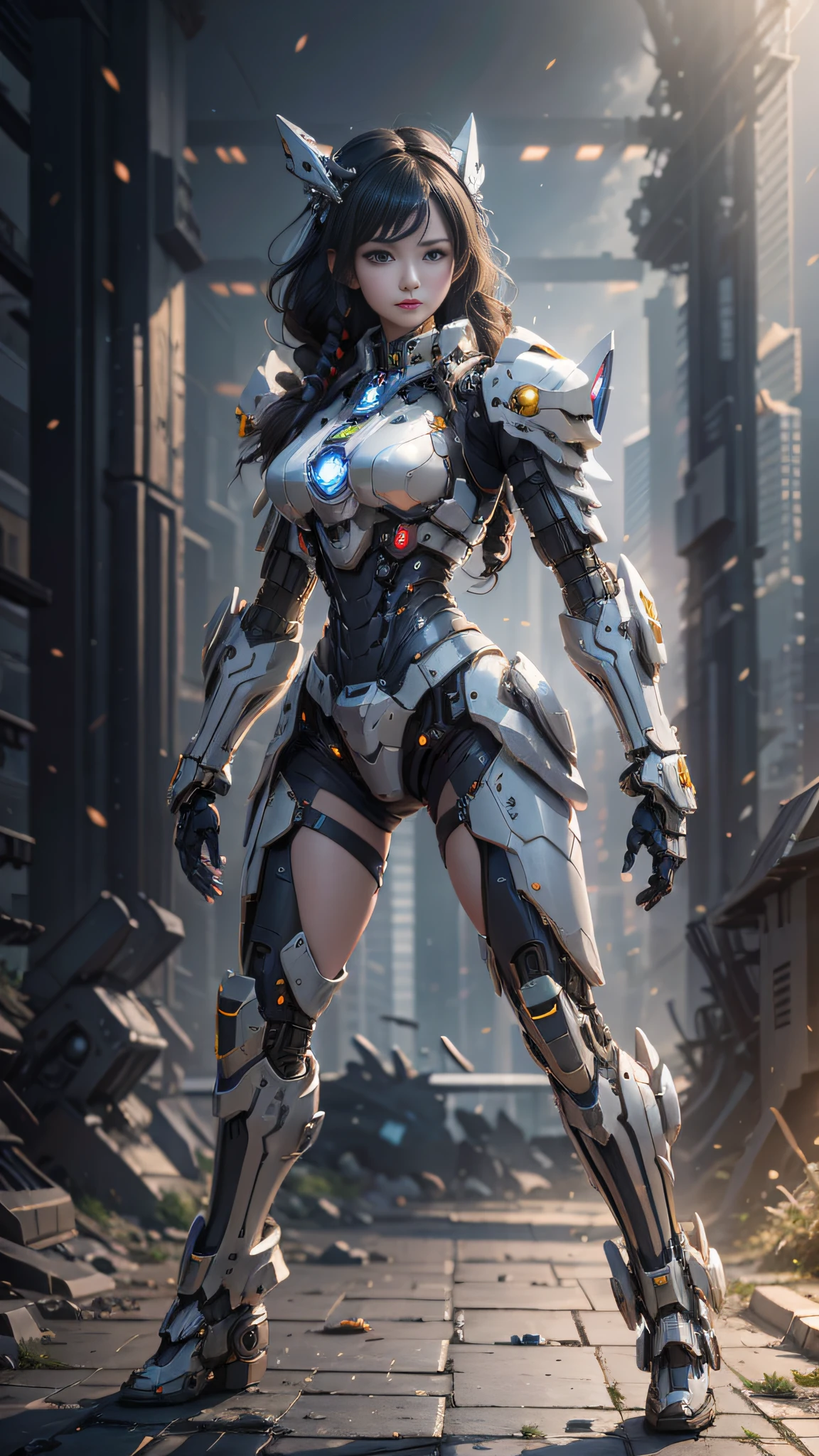 (Best Quality)), ((Masterpiece)), (Very Detailed: 1.3), 3D, master chef-mecha, Beautiful cyberpunk woman wearing crown, with master chef style armor, sci-fi technology, HDR (High Dynamic Range), ray tracing, nvidia RTX, super resolution, unreal 5, subsurface scattering, PBR texture, post-processing, anisotropic filtering, depth of field, maximum sharpness and sharpness, multi-layer texture, Specular and albedo mapping, surface shading, accurate simulation of light-material interactions, perfect proportions, octane rendering, duotone lighting, low ISO, white balance, rule of thirds, wide aperture, 8K RAW, high efficiency subpixels, subpixel convolution, light particles, light scattering, Tyndall effect, very sexy, full body, battle pose, black hair with braids,