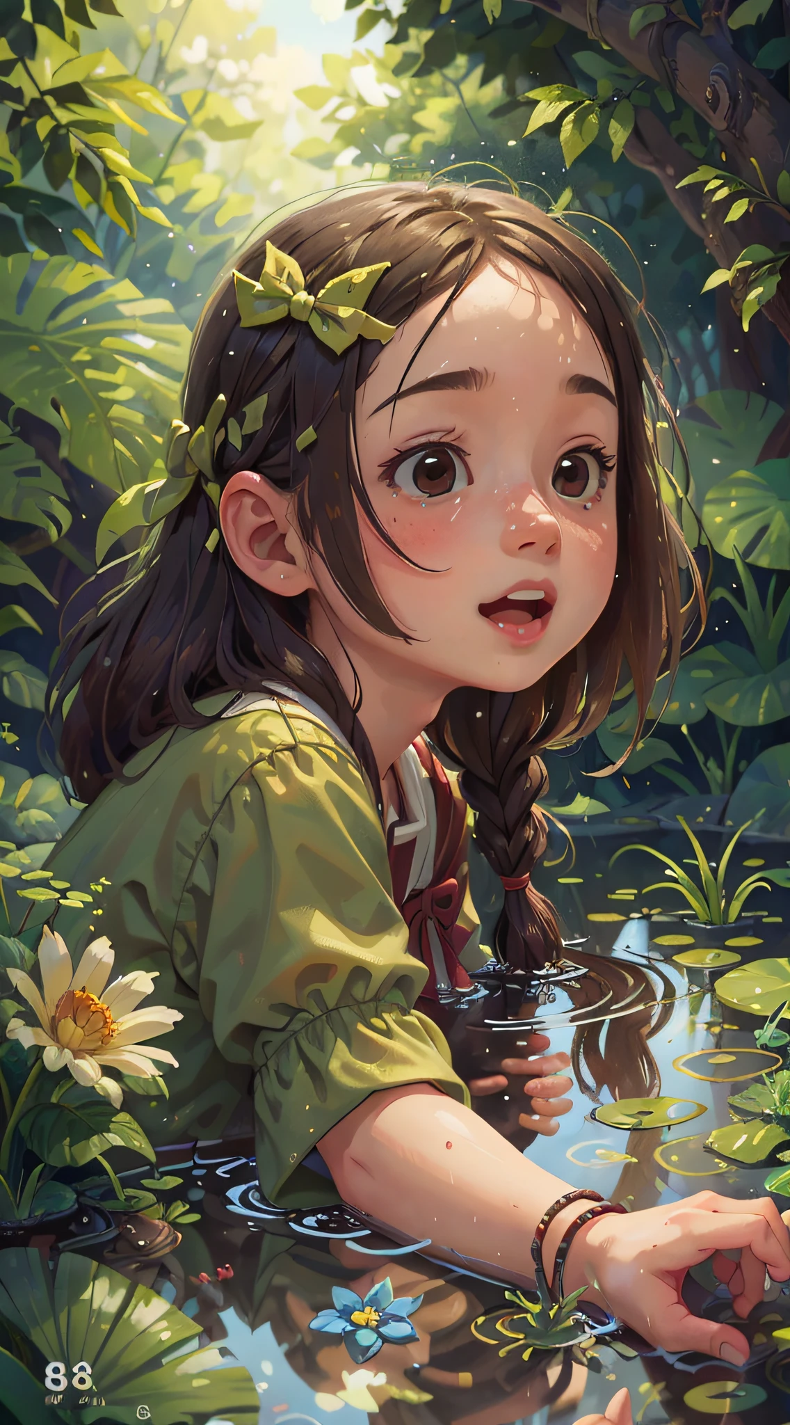 Girl, Paddling, Pond, Summer, Perfect Quality, Clear Focus (Clutter - Home: 0.8), (Masterpiece: 1.2) (Realistic: 1.2) (Bokeh) (Best Quality) (Detailed skin: 1.3) (Intricate Details) (8K) (Detail Eyes) (Sharp Focus), (Happy)