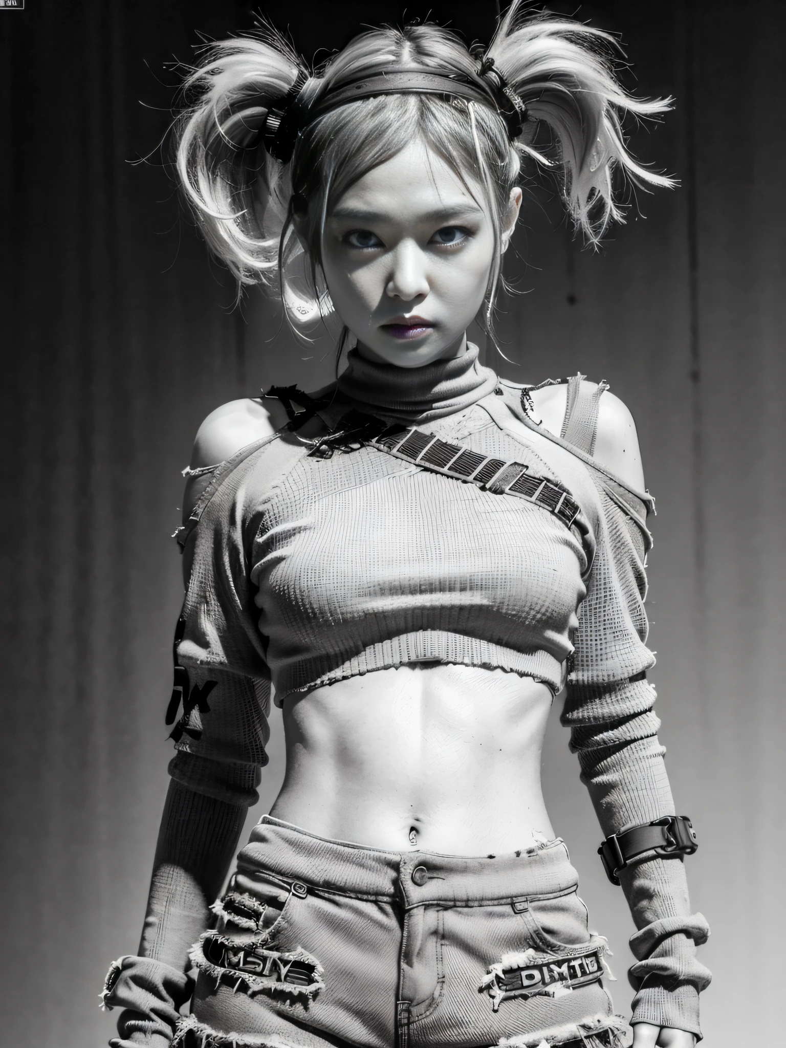 (1girl:1.3), solo, __body-parts__, doomsday wasteland style, sexy, shorts, dusty, stormy, dirty, gray tones, 8k resolution image, intricate symmetrical details