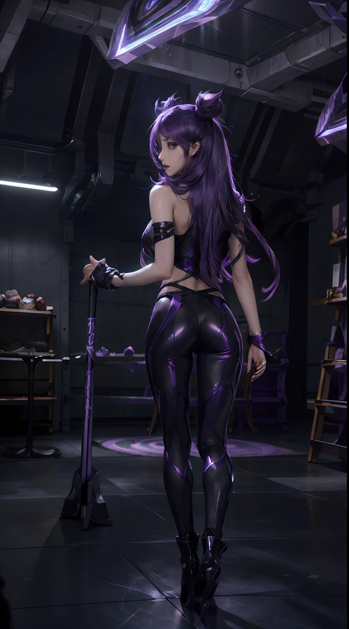 1girl, kai'sa, League of Legends, Kasha, KDA, purple wings, deep purple hair, purple eyes, serious expression, intense glare, looking at the audience, from behind, (dynamic pose), (void wings), weapons, masterpieces,