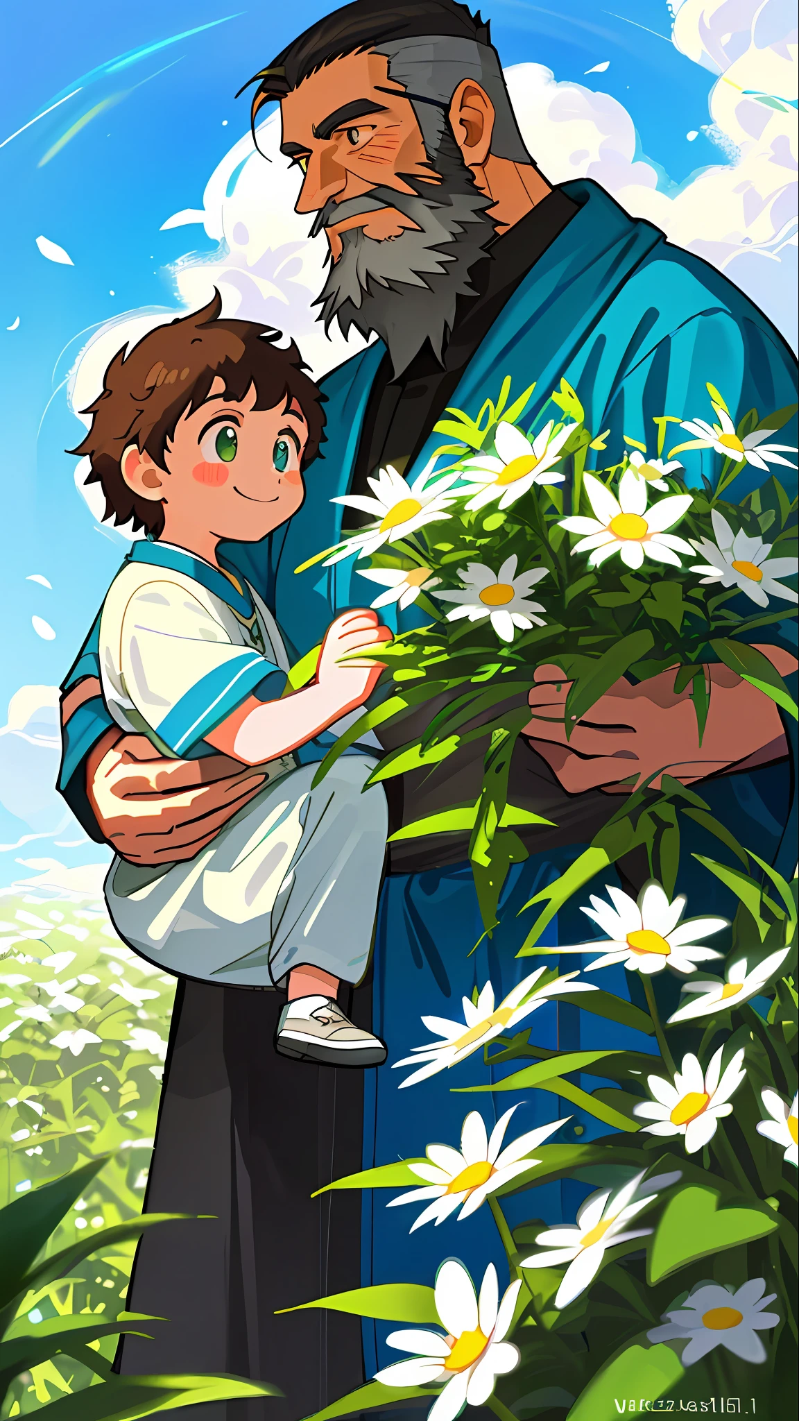 Illustration poster, flat illustration, Mose, bible story, (((Father's Day))), (((tall mature middle-aged father and child))), father with beard, shirt, clear facial features, smile happiness on face, outdoors, sunny, blue sky and white clouds, flowers and green plants in the foreground, colorful, highly saturated, contour light, warm and bright, colorful, HD 8K, colored light particles, heterochromatic, (color: 1.5) , --v6