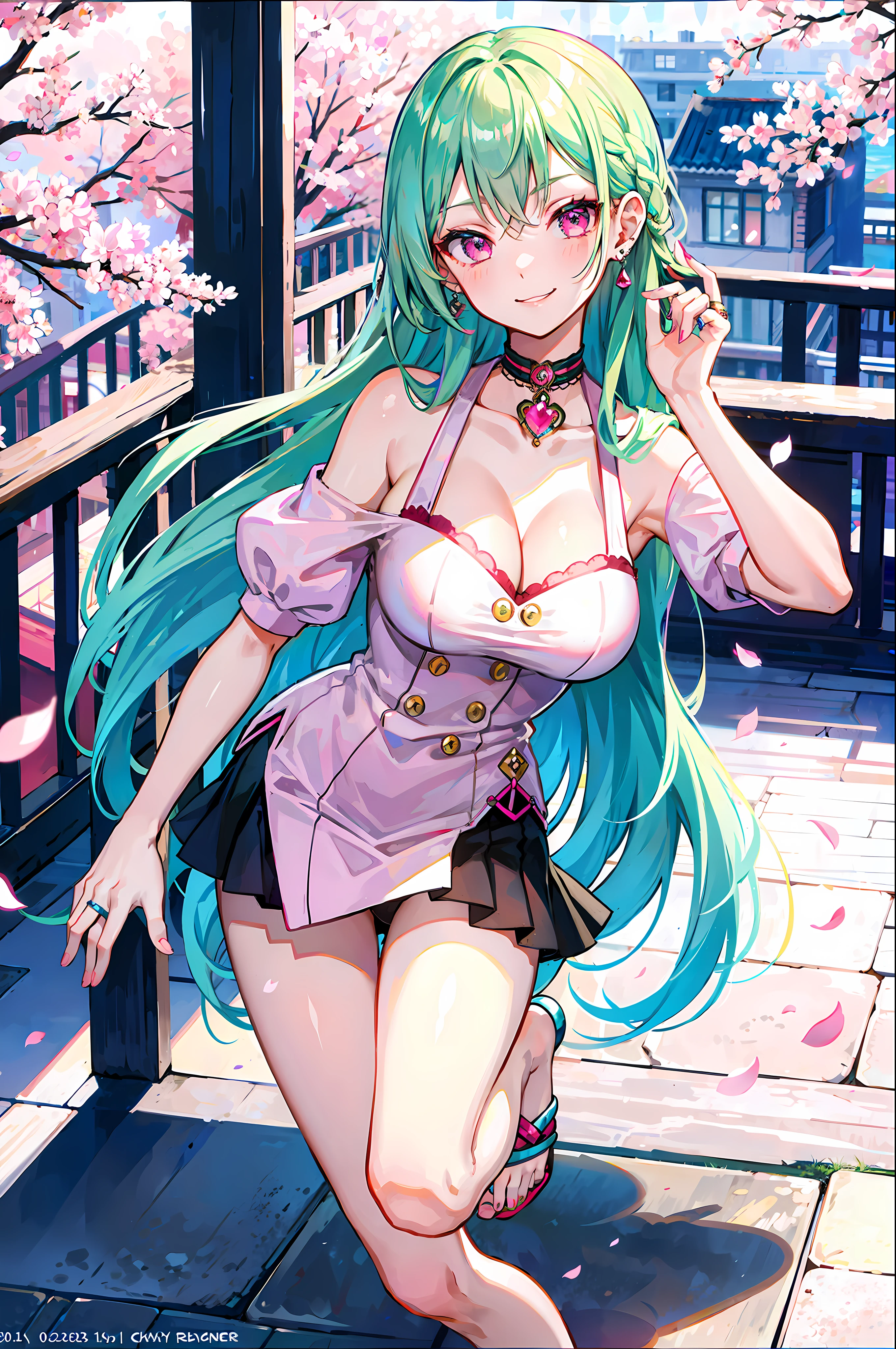 Evening time, masterpiece, best quality, full body, 1girl, bangs, blush, breasts, collarbones, ear piercings, eyebrows visible through hair, (gradient green hair), smirk, gyaru, jewelry, kogal, long hair, looking at the viewer, piercings, (underwear), pink eyes, ring, smile, solo, balcony, sky, cherry blossoms, petals, illustration, fashionable, woman, bright, posing, frontal, colorful, dynamic, background, elements, confident, expression,  Retention, Statement, Accessory, Majestic, Rolled, Around, Touch, Scene, Bold, Eye-catching, Stylish, Catchy, Bigger, Vibrant, Modern, Fashionable, Focus, Fashion