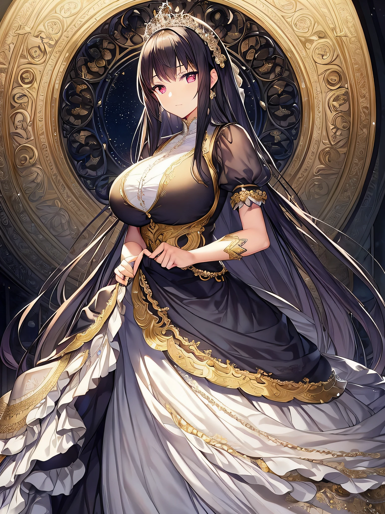 ((anime moe artstyle)),((game CG)),(Masterpiece),(Best Quality), (Super Detail),Illustration,((Very Delicate and Beautiful)),Focus on character,Dynamic Angle,Looking at viewer,(((Solo))),((Full body)),(((1 gorgeous princess lifting the hem of her dress in ball gown with a voluminous skirt))),detailed face and eyes,jewel-like eyes,(Very Long Hair),gorgeous embroidery and lace,See-through,ornate ruffles,(gigantic breasts,Long breasts),jeweled ball gown,(gorgeous ball gown with a voluminous skirt),
