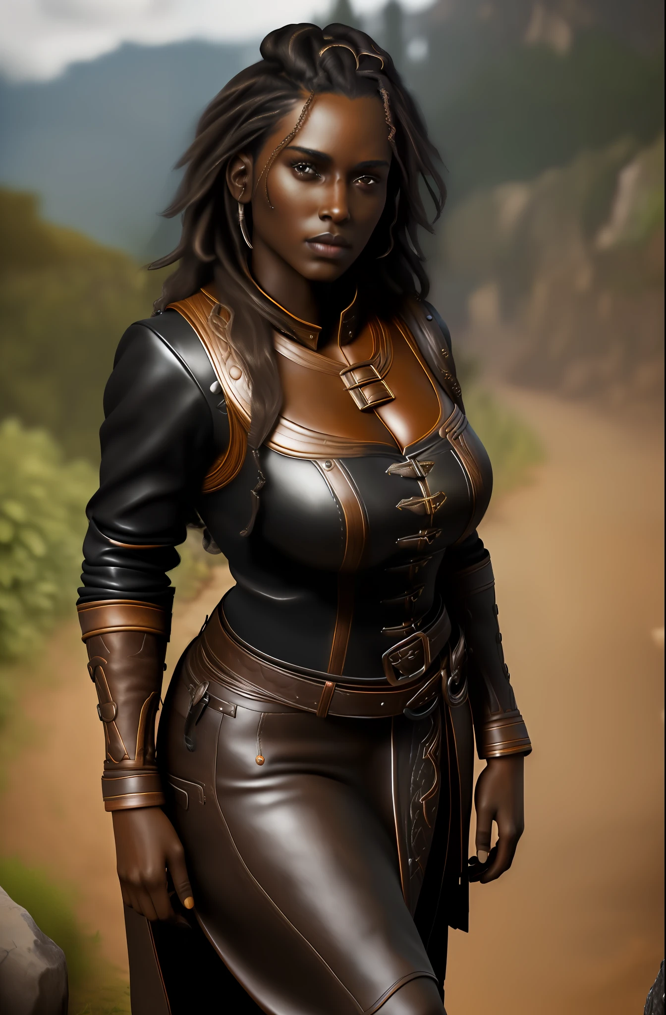 (best quality, masterpiece:1.2), A woman with brown skin, (((beautiful)) dark skin, portrait, large breasts, outdoor breasts showing, leather clothing, curly black hair with locks, realistic skin, surrealism, realistic, high detail, 8k