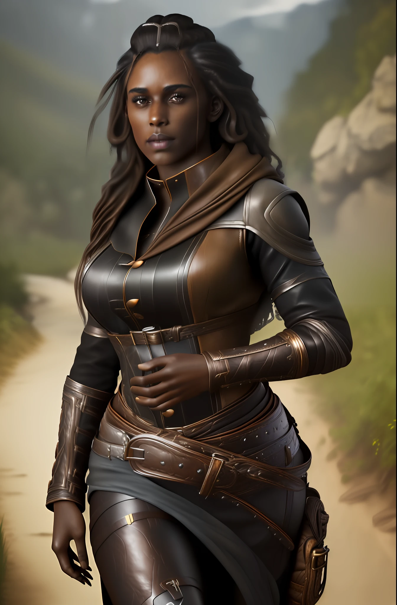 (best quality, masterpiece:1.2), A woman with brown skin, (((beautiful)) dark skin, portrait, large breasts, outdoor breasts showing, leather clothing, curly black hair with locks, realistic skin, surrealism, realistic, high detail, 8k