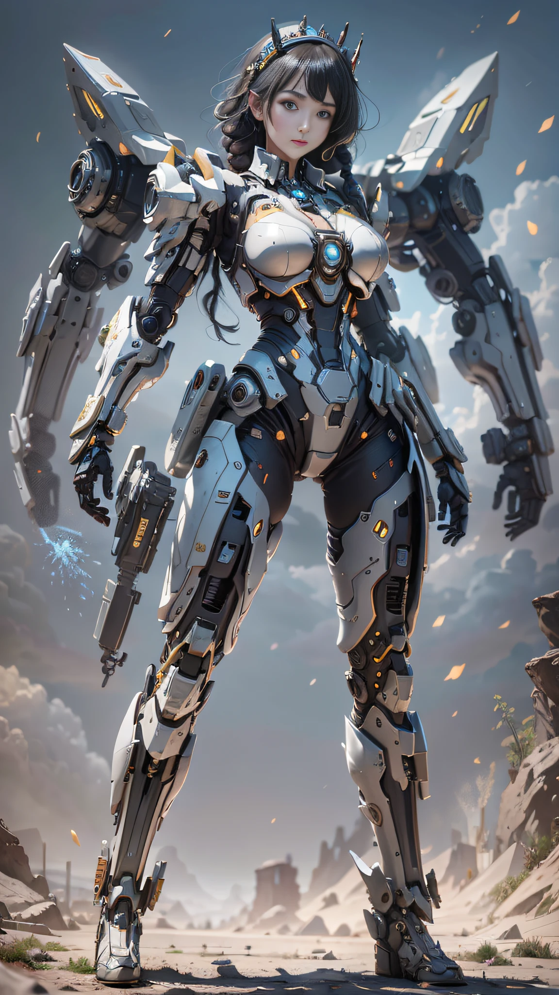 (Best Quality)), ((Masterpiece)), (Very Detailed: 1.3), 3D, master chef-mecha, Beautiful cyberpunk woman wearing crown, with master chef style armor, sci-fi technology, HDR (High Dynamic Range), ray tracing, nvidia RTX, super resolution, unreal 5, subsurface scattering, PBR texture, post-processing, anisotropic filtering, depth of field, maximum sharpness and sharpness, multi-layer texture, Specular and albedo mapping, surface shading,  accurate simulation of light-material interactions, perfect proportions, octane rendering, duotone lighting, low ISO, white balance, rule of thirds, wide aperture, 8K RAW, high efficiency subpixels, subpixel convolution, light particles, light scattering, Tyndall effect, very sexy, full body, battle pose, black hair with braids,