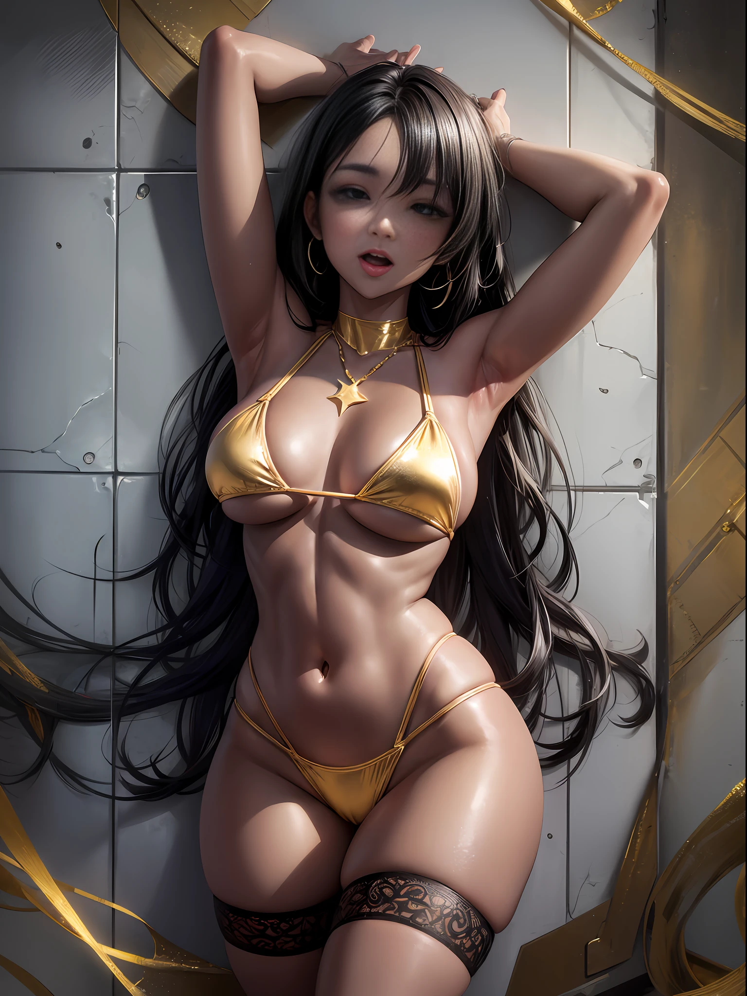Golden bikini, sticking out a lot of tongue, ultra-fine depiction, front and back, legs wide open towards me, looking at this,