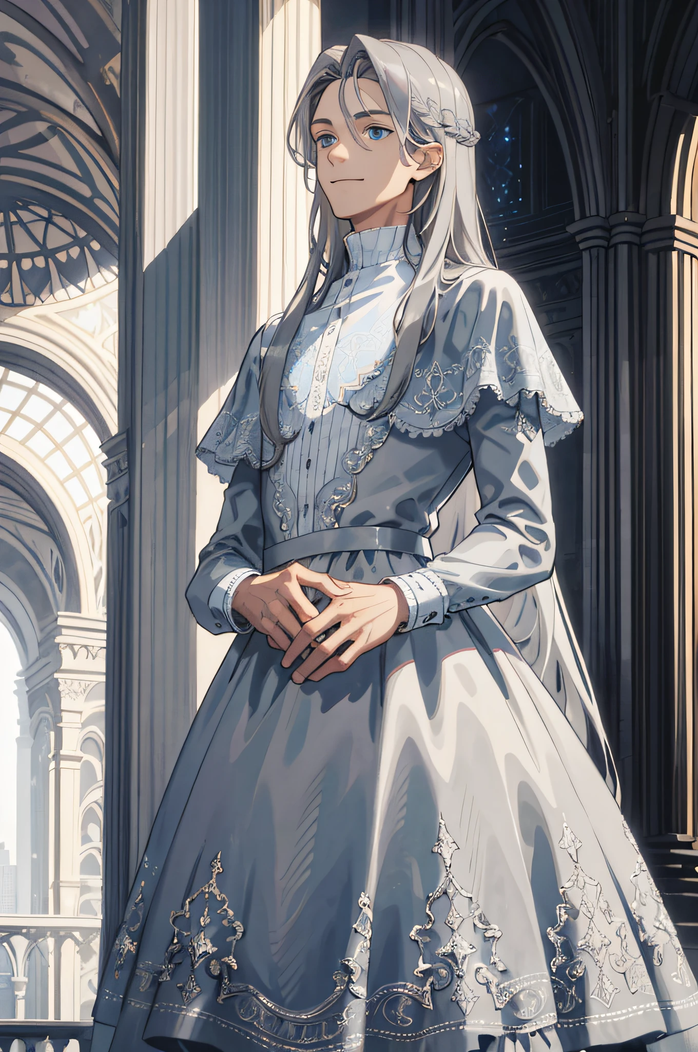 Masterpiece, best quality, 1 male, teenager, delicate eyes, intricate details, (gray hair, long hair, straight hair, no bangs, delicate princess dress, fair skin), calm smile, blue eyes, black, modern, mall, city