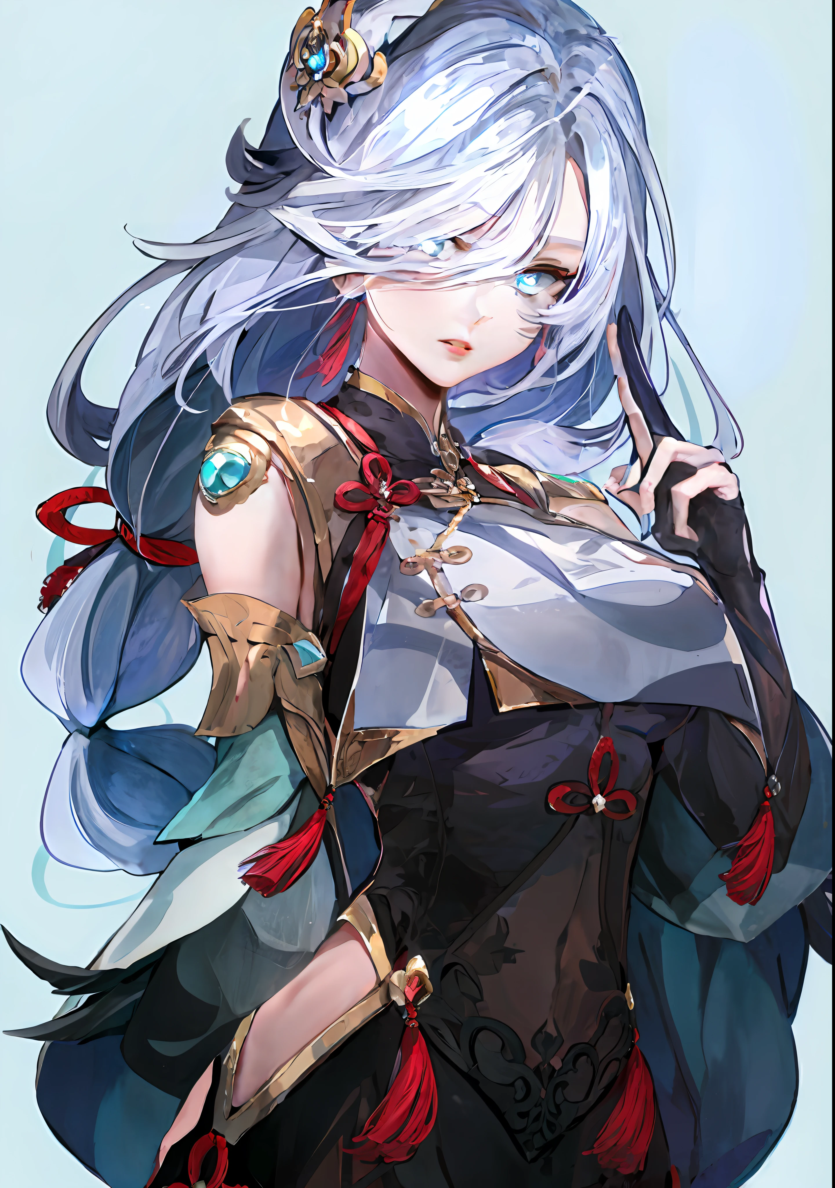 White-haired blue-eyed anime girl in black costume, Onmyoji style, exquisite and meticulous, outstanding details. The portrait of the zodiac girl as a knight, Kusart Krenz at key moments. The white-haired god Ash who appeared in the Onmyoji and the original god Shocked Ayaka Genshin Nakari collided together, and the picture had a sense of impact.