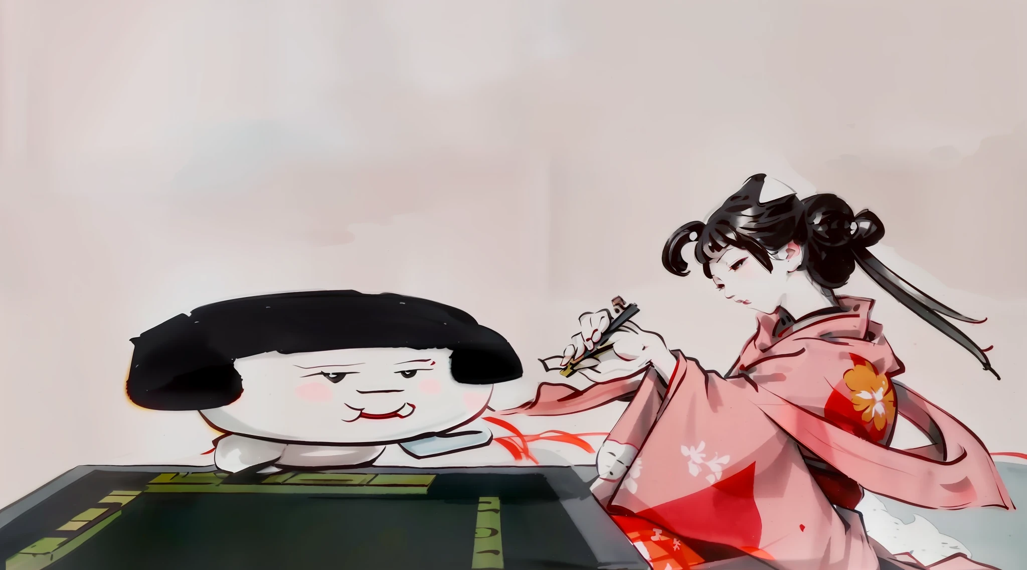 painting of a woman and a child playing a game of dice, japanese cartoon style, japanese animation style, japanese style painting, traditional painting, inspired by Yanagawa Shigenobu, film still from an cartoon, animated film still, japanese animation, hand painted cartoon art style, traditional chinese painting, artwork in the style of z.w. gu, traditional japanese painting