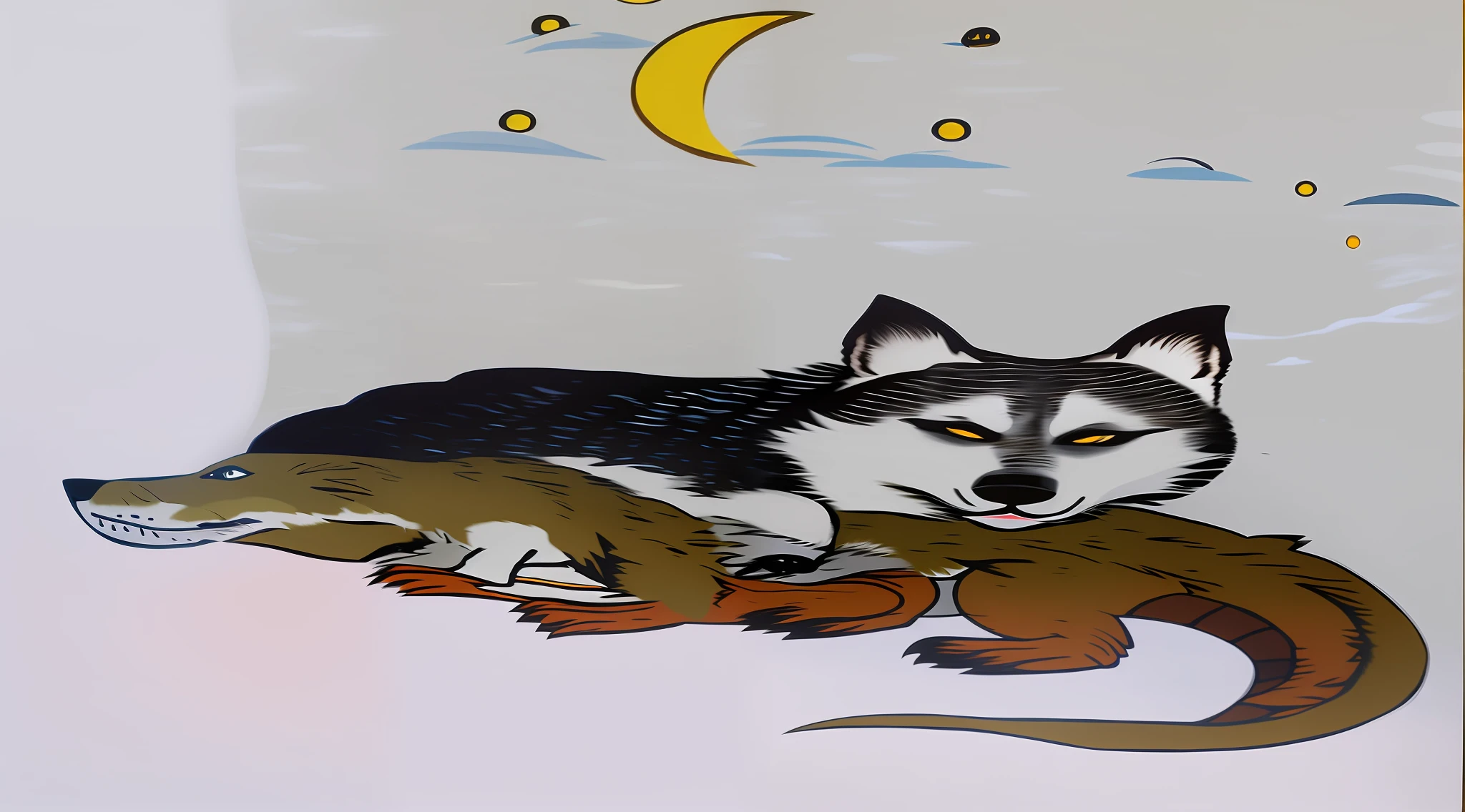 painting of a dog and a cat laying on a crocodile, wolf in a snowfield, inspired by Charles E. Burchfield, an anthropomorphic wolf, husky, the wolf howls at the moon, by Sylvia Sleigh, traditional art, anthropomorphic wolf, inspired by Wolf Huber, by Nína Tryggvadóttir