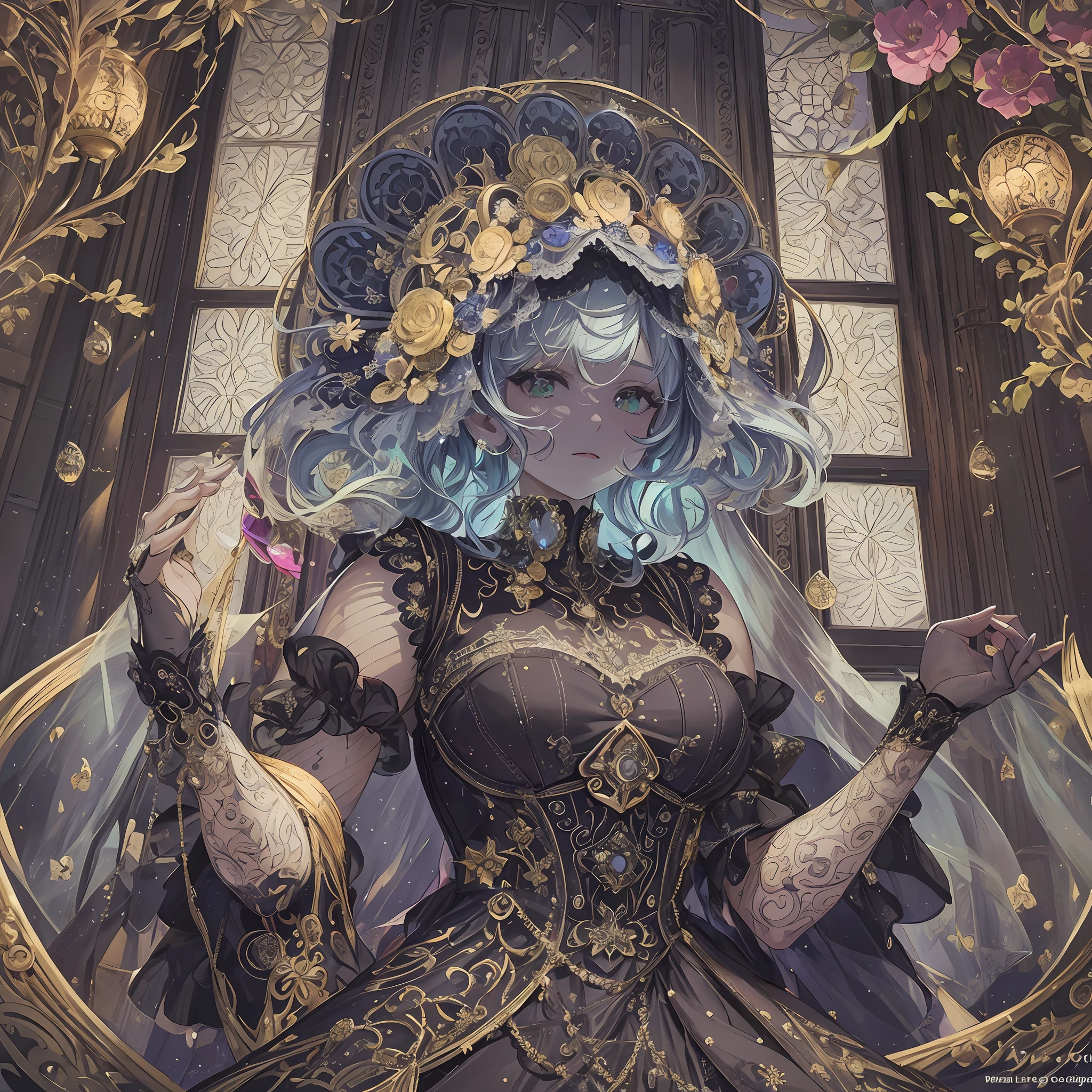 (masterpiece), ((highest quality)),(official art),(beautiful and beautiful:1.2),(Mechanical Gothic girl dress adorned with many gears and jewels, ultra-detailed embroidered dress, mechanical goth, mechanical gothic lolita, ruffles, mechanical white lace veil, gothic bonnet decorated many gears: 1.8),(1 girl: 1.3), upper body, Armpit, a beautiful woman wearing a dress with a detailed and delicate design sealed in a crystal, and Taiki who grows up by taking in the sealed crystal. It shines faintly in the light of the midnight moon. Detailed drawing. Bright colors. Colorful, highest detail ((ultra detail)),(highly detailed 2D illustration),((very delicate and beautiful)))super detail, wakame, wakame, wakame, wakame, wakame, wakame, wakame, wakame, wakame, wakame, wakame, wakame, wakame, wakame, wakame