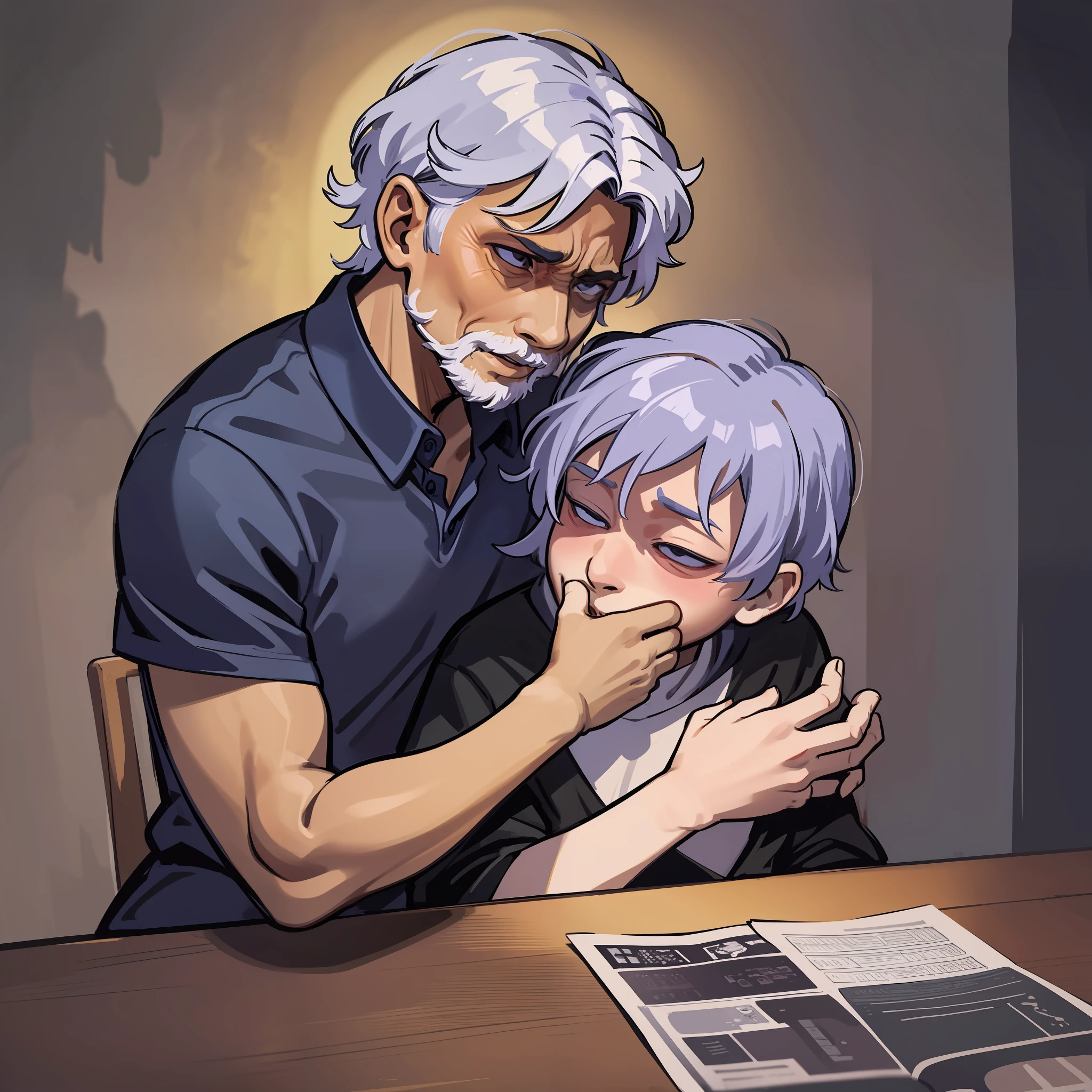 Boy and old man, sad embrace, dining table, serious expression, room background, Taoist dress, horror atmosphere, coolness, desolation, doomsday atmosphere, cold colors, dim light, flat lines
