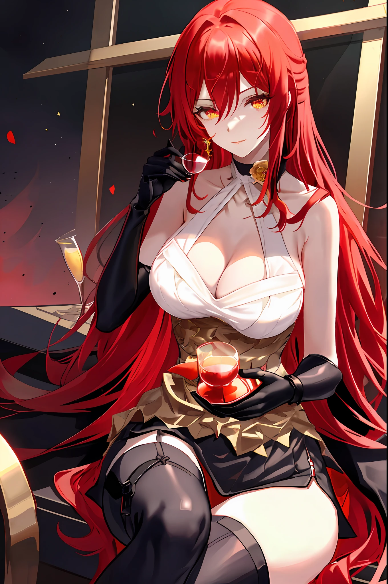 Himeko, honkai star rail, 1girl, alcohol, alternate costume, armlet, bare shoulders, black background, ((black dress)), black gloves, ((black thighhighs)), large breasts, cleavage, criss-cross halter, cup, dress, drinking glass, flower, gloves, gradient background, hair between eyes, hair ornament, halterneck, holding, holding cup, large breasts, long hair, looking at viewer, red hair, red nails, golden eyes, see-through gloves, solo, thighhighs, thighs, very long hair, wine, wine glass, ((masterpiece)) pleated red skirt, sitting,