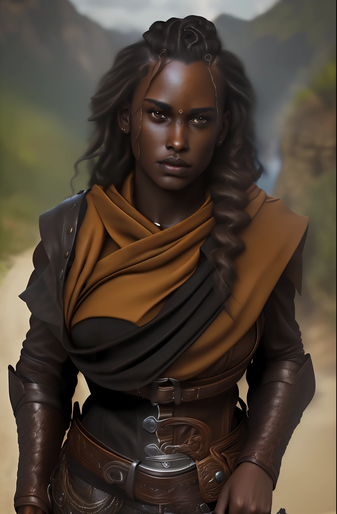 (best quality, masterpiece:1.2), A woman with brown skin, (((beautiful)) dark skin, portrait, large breasts, outdoor breasts showing, leather clothing, curly black hair with locks, realistic skin, surrealism, realistic, high detail, 8k