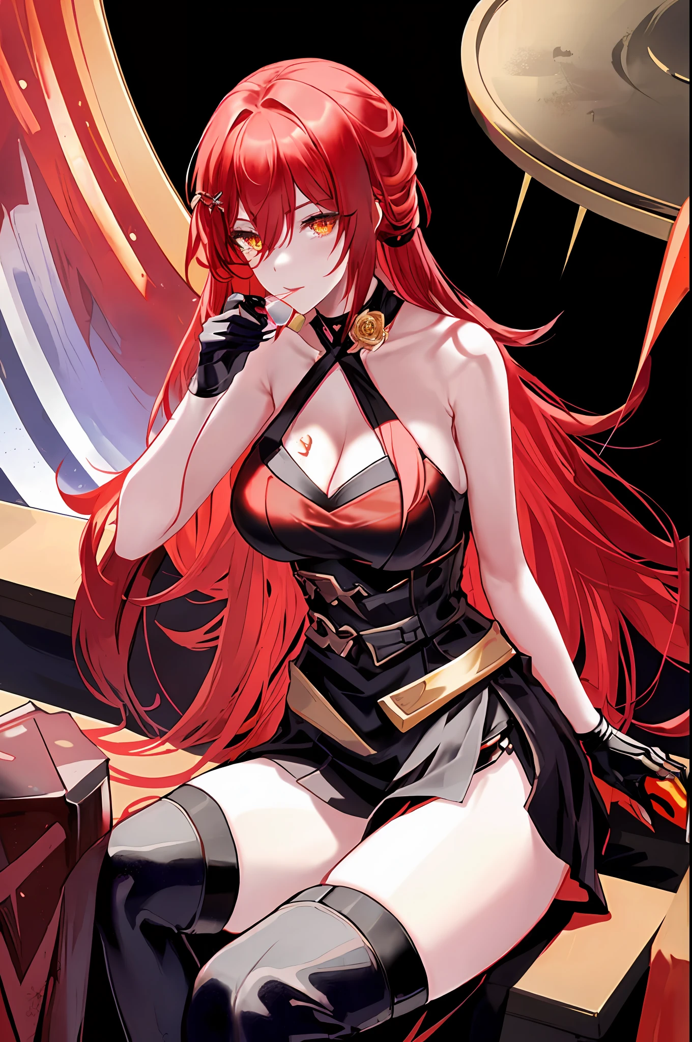 Himeko, honkai star rail, 1girl, alcohol, alternate costume, armlet, bare shoulders, black background, ((black dress)), black gloves, ((black thighhighs)), large breasts, cleavage, criss-cross halter, cup, dress, drinking glass, flower, gloves, gradient background, hair between eyes, hair ornament, halterneck, holding, holding cup, large breasts, long hair, looking at viewer, red hair, red nails, golden eyes, see-through gloves, solo, thighhighs, thighs, very long hair, wine, wine glass, ((masterpiece)) pleated red skirt, sitting,