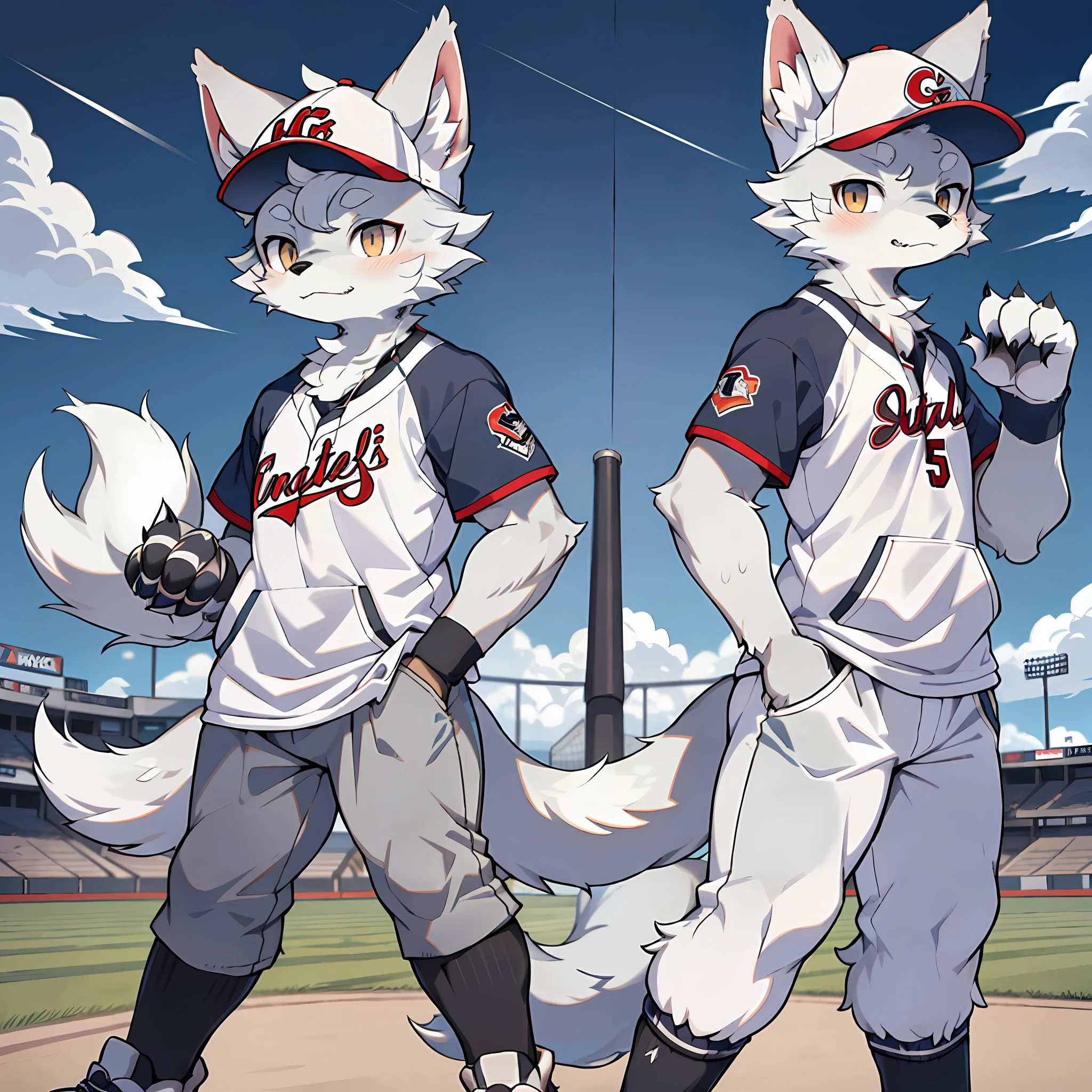 Single, furry, male arctic fox, furry, full fur, gray fur, gray ears, golden eyes, sharp claws, fluffy tail, baseball uniform, baseball cap, standing on a baseball field, sweating, sports