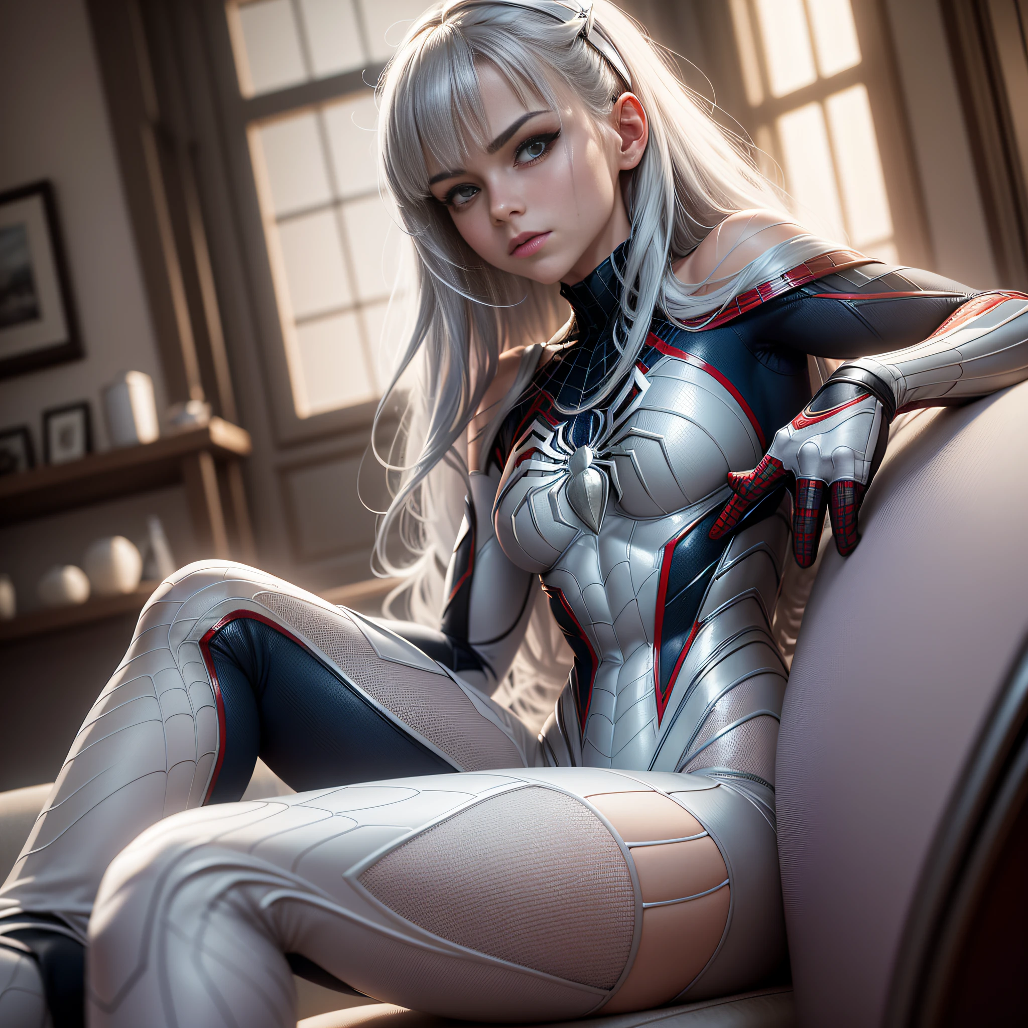 (Extreme Detail CG Unity 8K wallpaper, masterpiece, highest quality), (Exquisite lighting and shadow, highly dramatic picture, Cinematic lens effect), a girl in a white Spider-Man costume, silver gray hair color, from the Spider-Man parallel universe, Wenger, Marvel, Spider-Man, sitting on the couch, dynamic pose), (excellent detail, excellent lighting, wide angle), (excellent rendering, enough to stand out in its class), focus on white Spider-Man costumes, complex spider textures --auto --s2