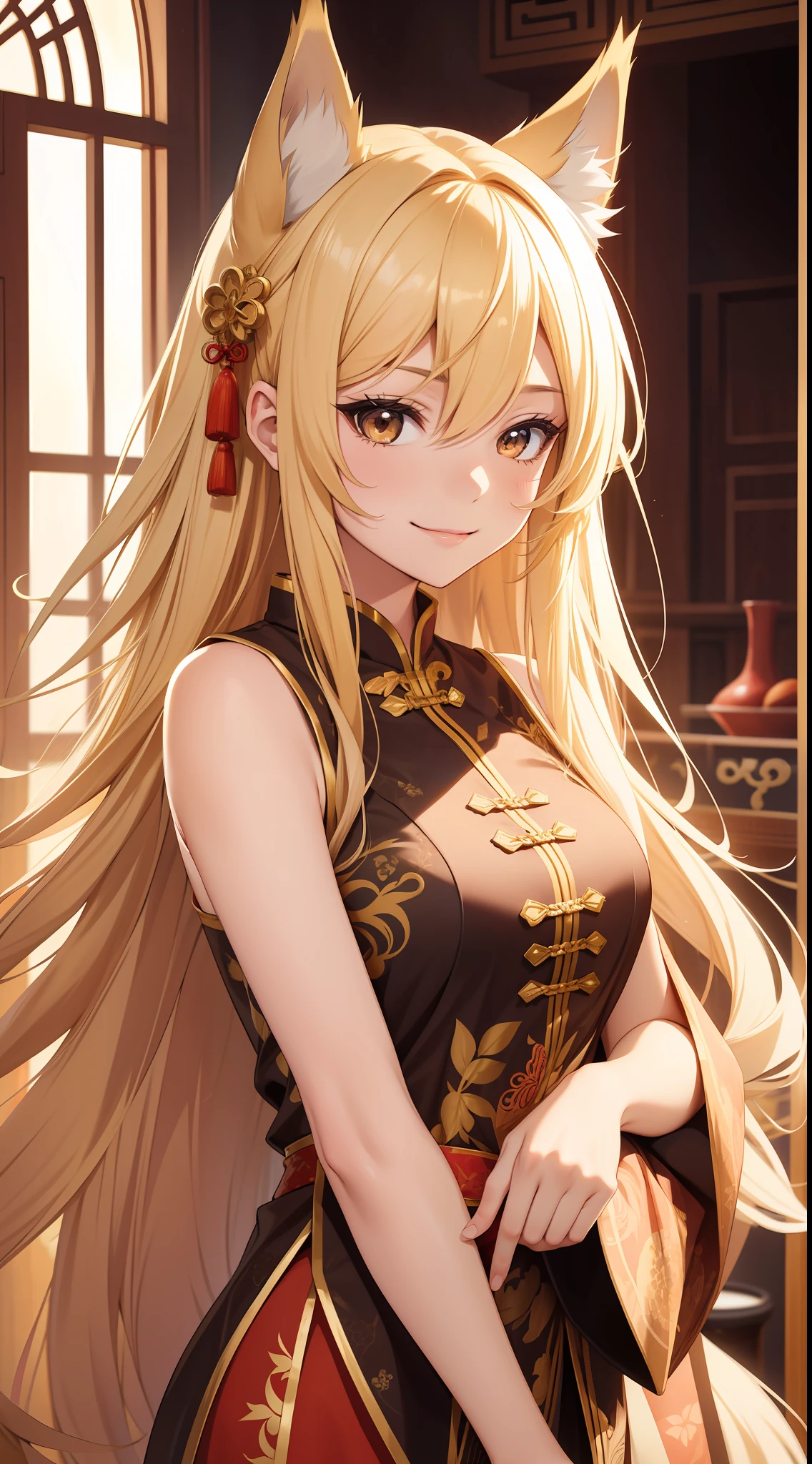 Adult girl, long lush blonde hair, brown eyes, wolf ears, Chinese clothes, sleeveless, cheerful look, smile, masterpiece, high quality