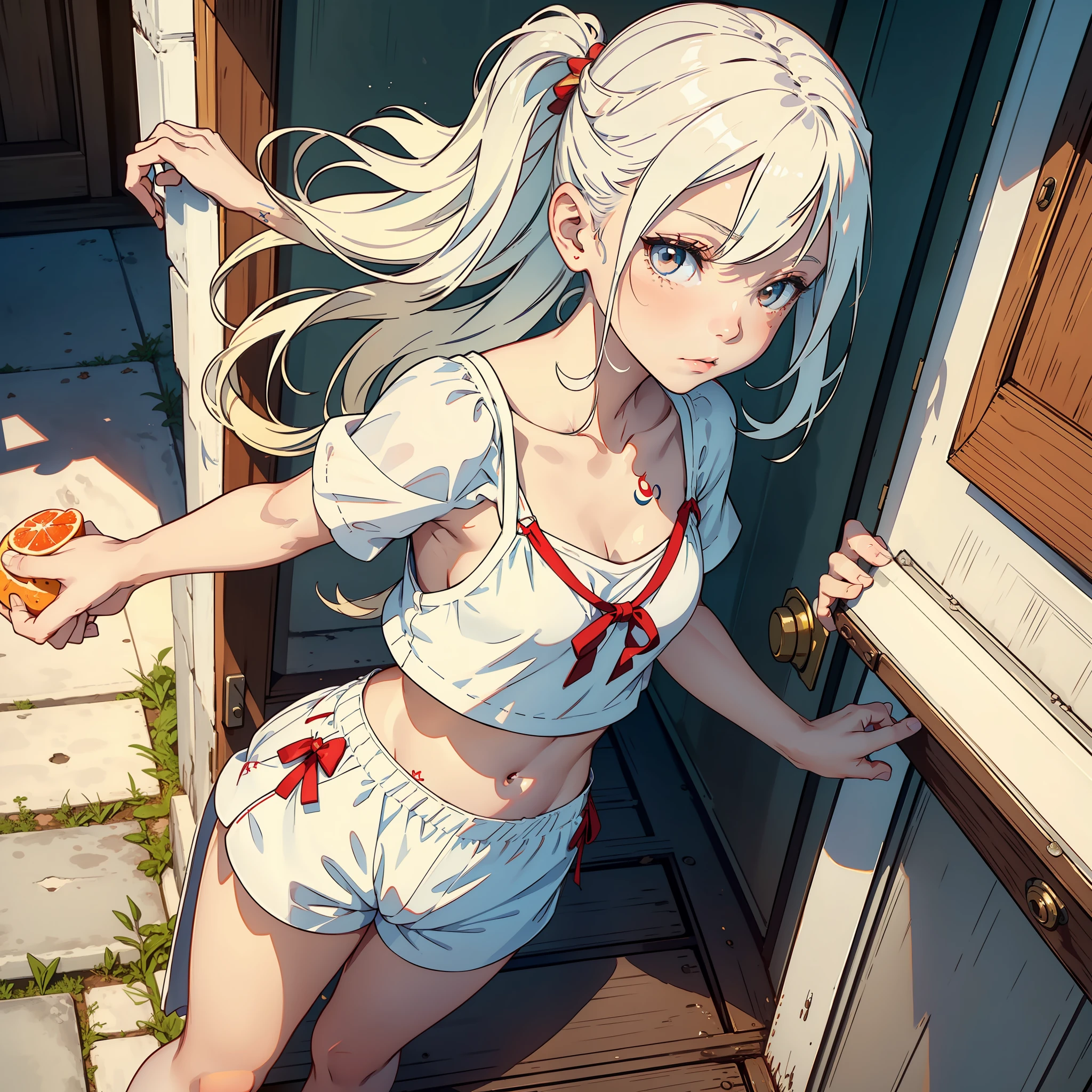 (a) Young girl, white and tender skin, white tender chest, upper body tattoo, short sleeves, shorts, red melon seed face, dimples, beautiful, long hair, standing at the door knocking. Satchel.