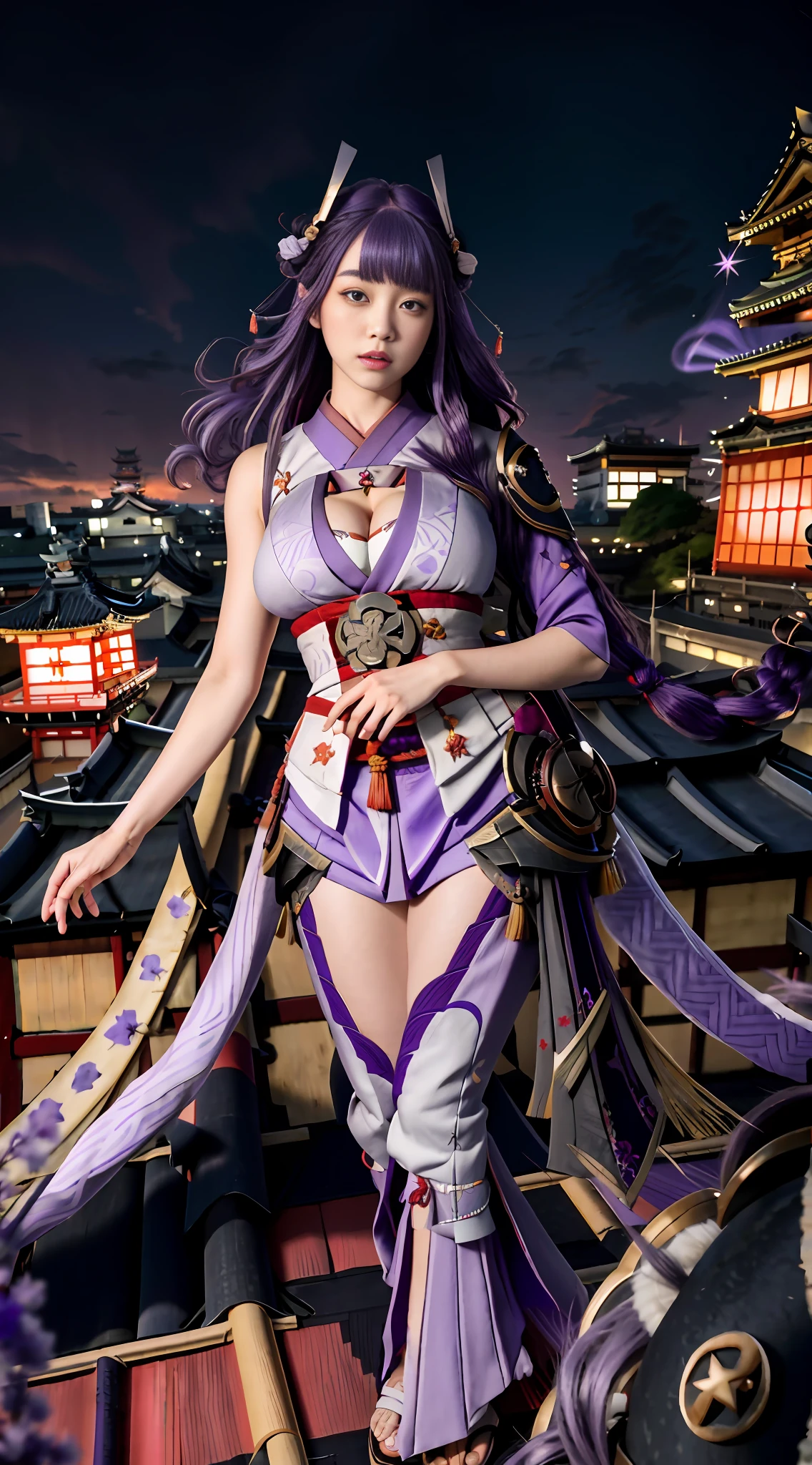 Unreal Engine 5 Realistic Rendering, ((portrait:1.2)), RaidenShogun, detailed clothes, blunt bangs, braid, (huge breasts:1.1), cleavage, wide-sleeved kimono, hair ornament, (red obi:1.4), (purple hair:1.4), very long hair, straight hair, detailed face, cool face, (smooth chin:0.85), closed mouth, long eyelashes, sharp eyes, looking at viewer, beautiful eyes, detailed eyes, thick eyebrows, red eyeshadow, symmetry eyes, (ulzzang-6500:0.7), skirt, (from below:1.1), (kyoto castle:1.4), full figure, (rooftop:1.5), (star \(sky\):1.3), photon mapping, physically-based rendering, RAW photo, highly detailed background, high res, perspective, beautiful face, top body is hyper realistic thicc muscle and hyper largest_breasts!! with the type of boobs_melons, lower is huge buttocks,