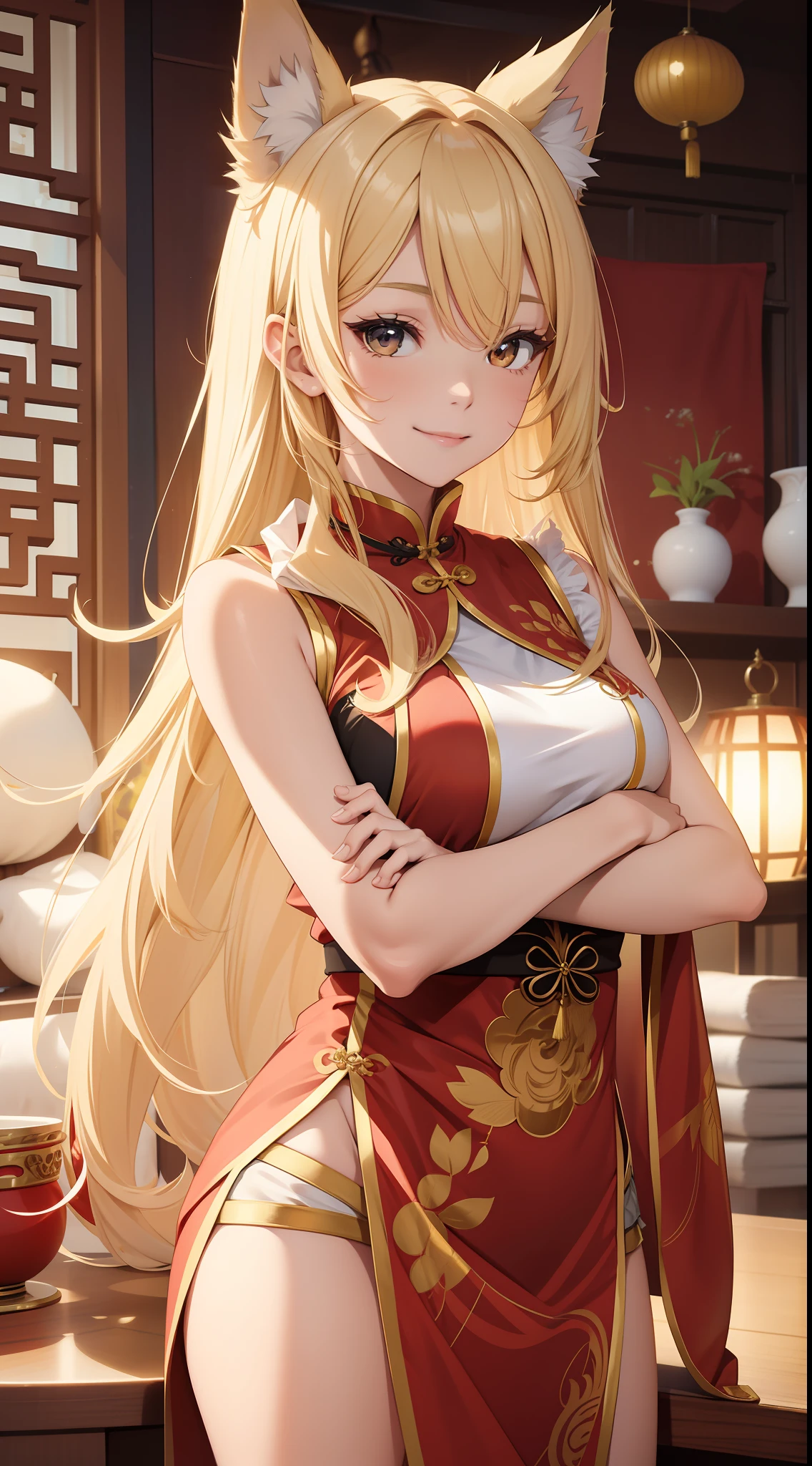 Adult girl, long lush blonde hair, brown eyes, wolf ears, Chinese clothes, sleeveless, cheerful look, smile, masterpiece, high quality