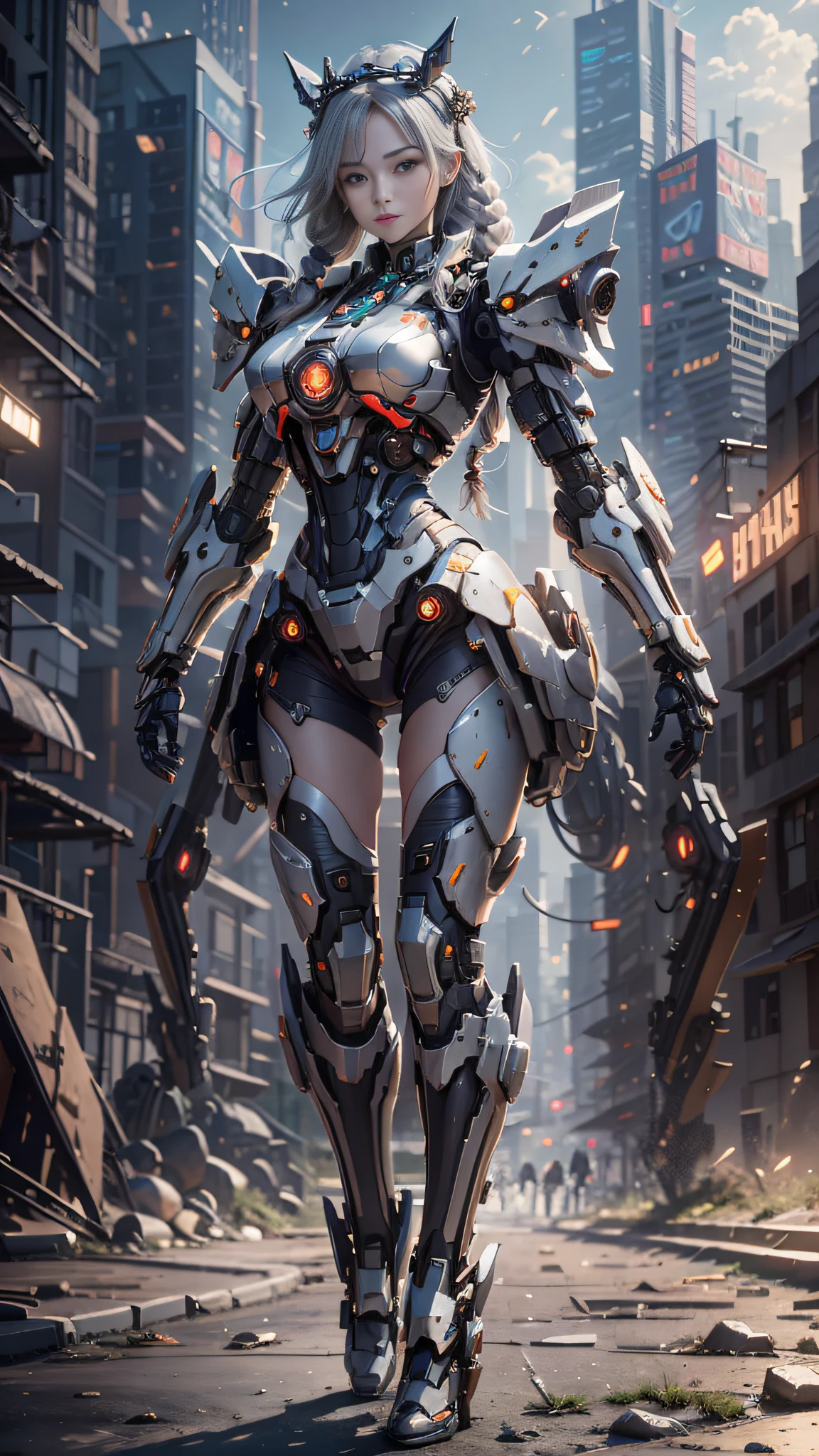 (Best Quality)), ((Masterpiece)), (Very Detailed: 1.3), 3D, master chef-mecha, Beautiful cyberpunk woman wearing crown, with master chef style armor, sci-fi technology, HDR (High Dynamic Range), ray tracing, nvidia RTX, super resolution, unreal 5, subsurface scattering, PBR texture, post-processing, anisotropic filtering, depth of field, maximum sharpness and sharpness, multi-layer texture, Specular and albedo mapping, surface shading, accurate simulation of light-material interactions, perfect proportions, octane rendering, duotone lighting, low ISO, red balance, rule of thirds, wide aperture, 8K RAW, high efficiency subpixels, subpixel convolution, light particles, light scattering, Tyndall effect, very sexy, full body, battle pose, silver hair with braids,