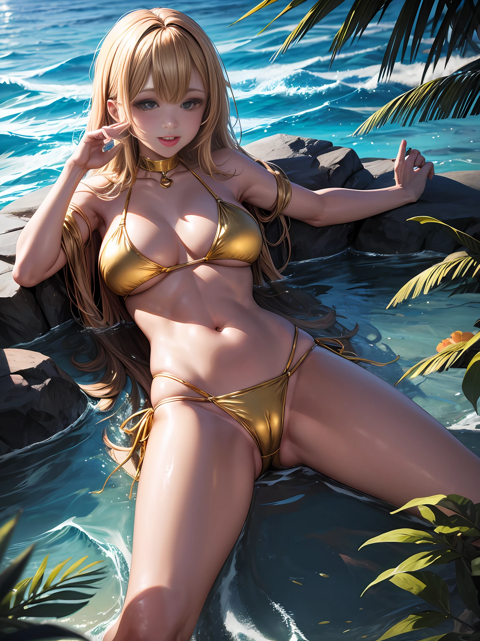 Golden bikini, sticking out a lot of tongue, ultra-fine depiction, front and back, legs wide open towards me, looking at this,