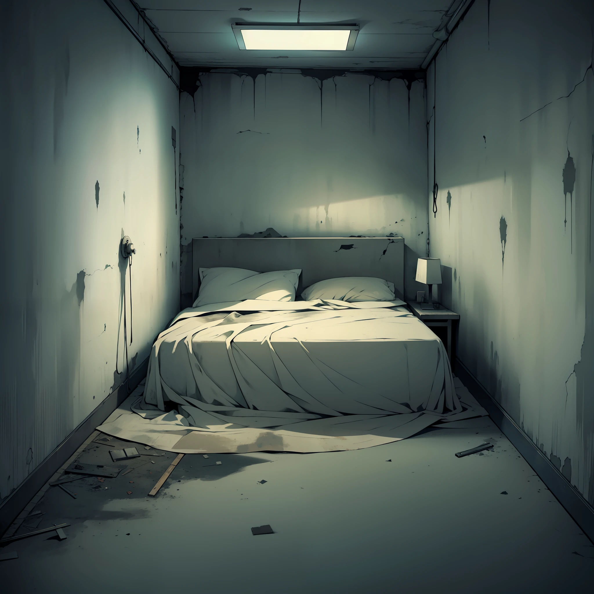 Envelope, placed on bed, room background, horror atmosphere, shady, desolation, apocalyptic atmosphere, cool tones, dim light, flat lines